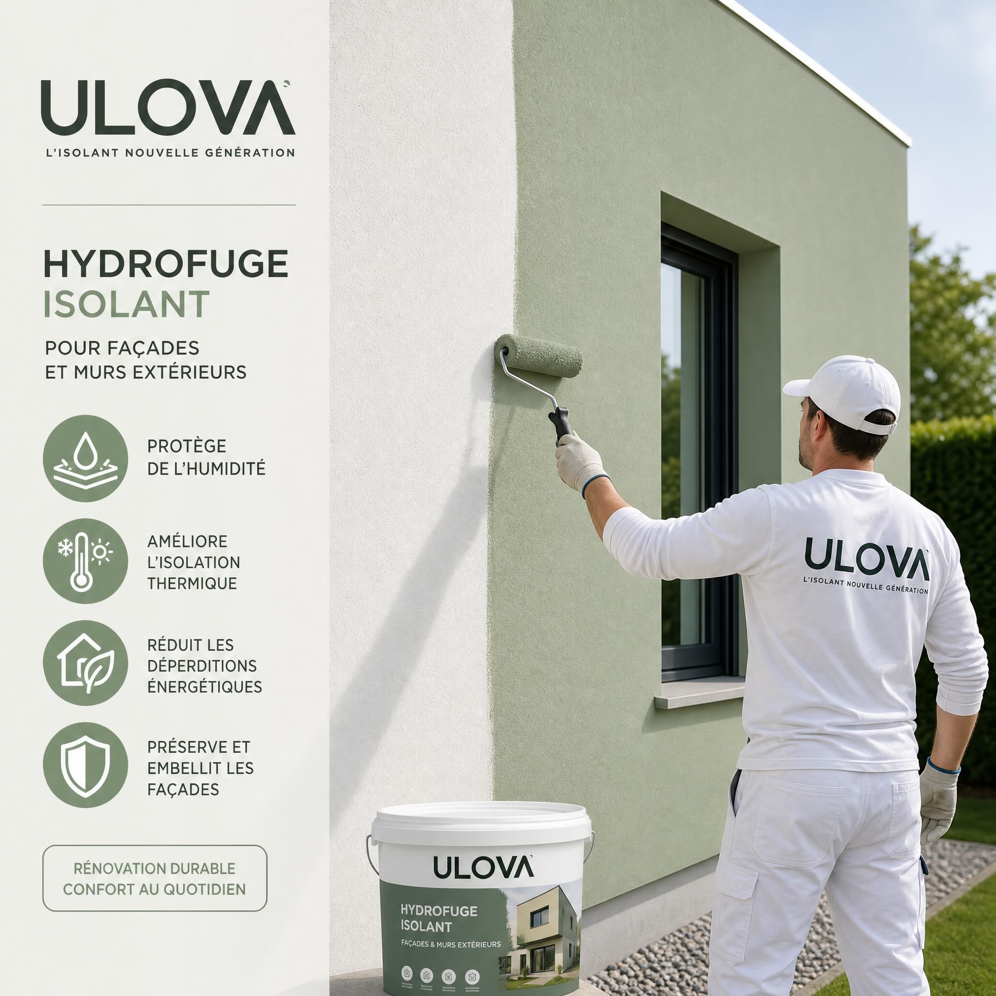 Application professionnelle de l'hydrofuge isolant ULOVA sur façade en enduit, teintes vert sauge et blanc, rendu mat et uniforme