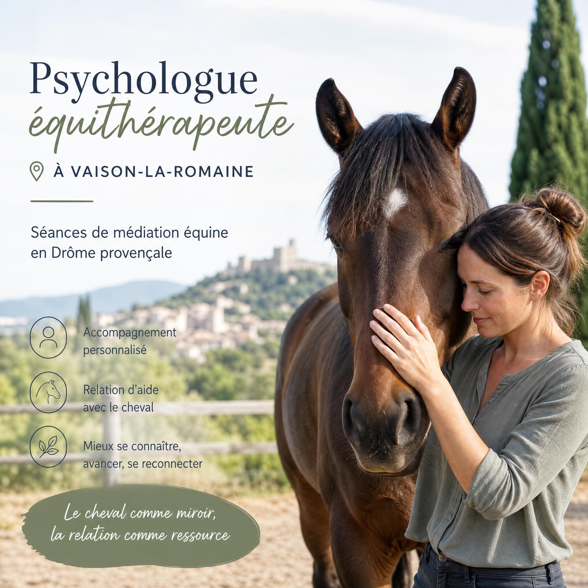 Psychologue équithérapeute avec cheval à Vaison-la-Romaine, séance de médiation équine en Drôme provençale