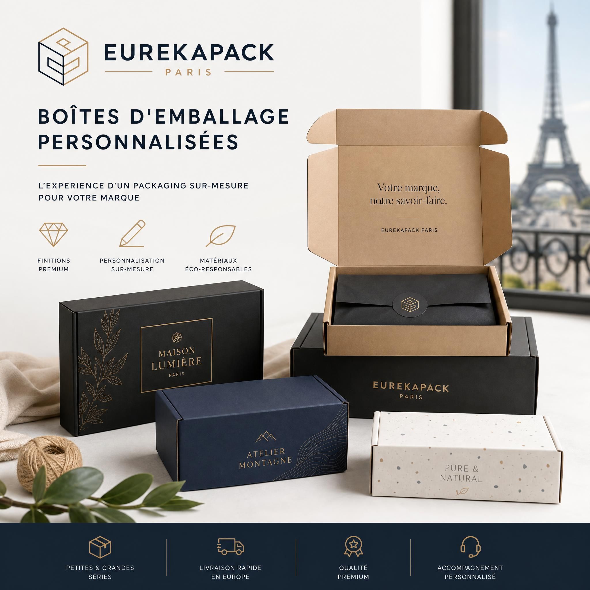 Boîtes d'emballage personnalisées EUREKAPACK Paris avec logo de marque et finitions premium pour e-commerce