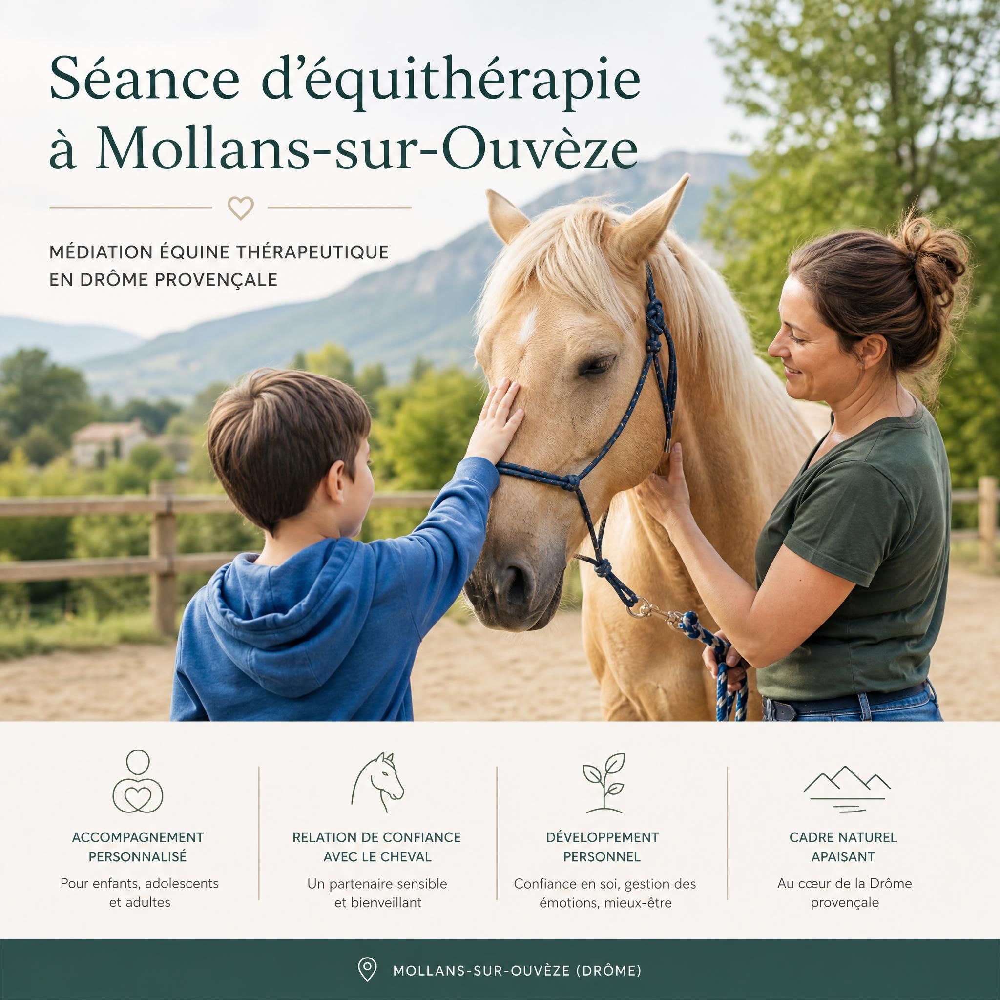 Séance d'équithérapie à Mollans-sur-Ouvèze - médiation équine thérapeutique en Drôme provençale