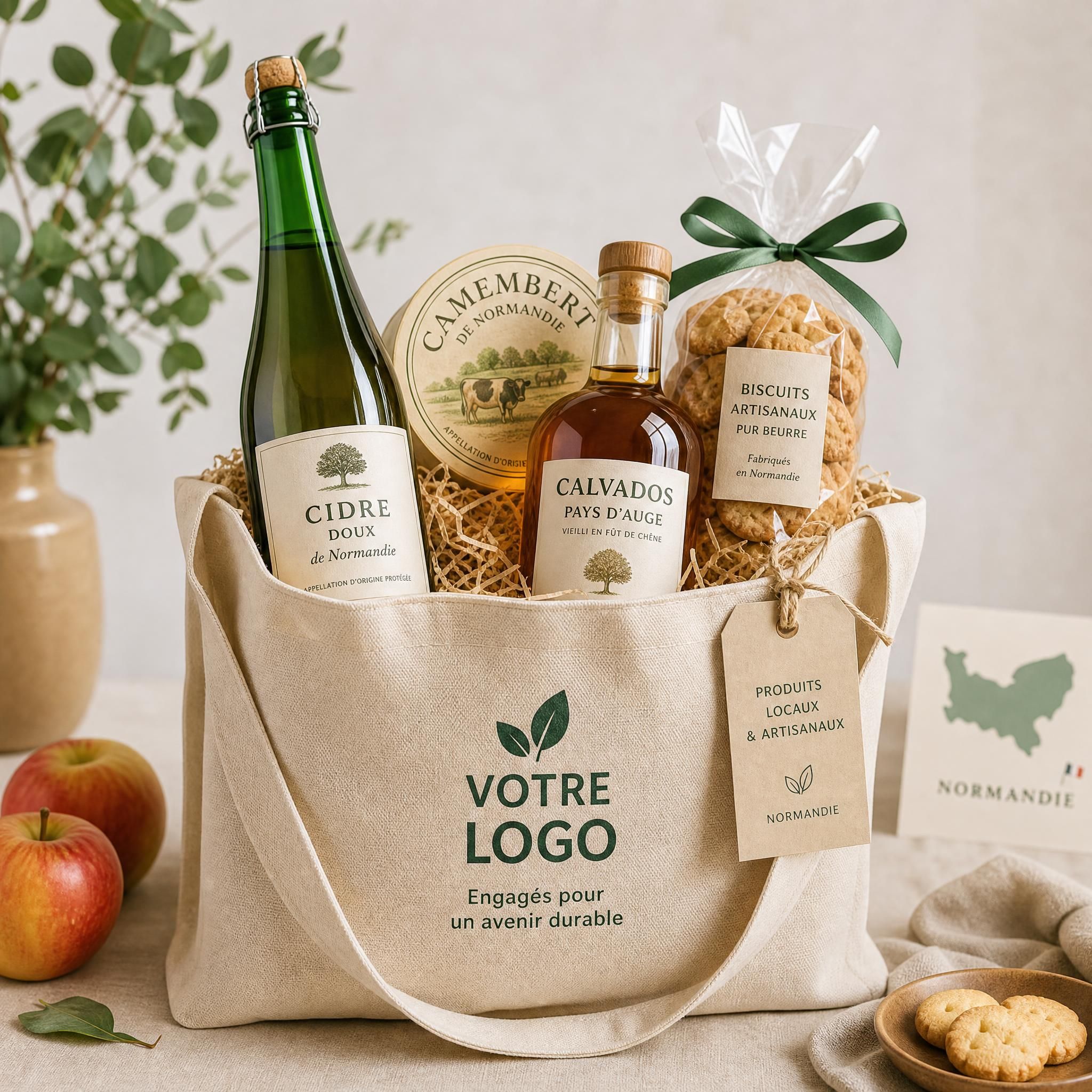 Panier garni normand composé de produits du terroir — cidre, camembert, calvados, biscuits artisanaux — présenté dans un sac textile personnalisé pour cadeaux d'entreprise RSE