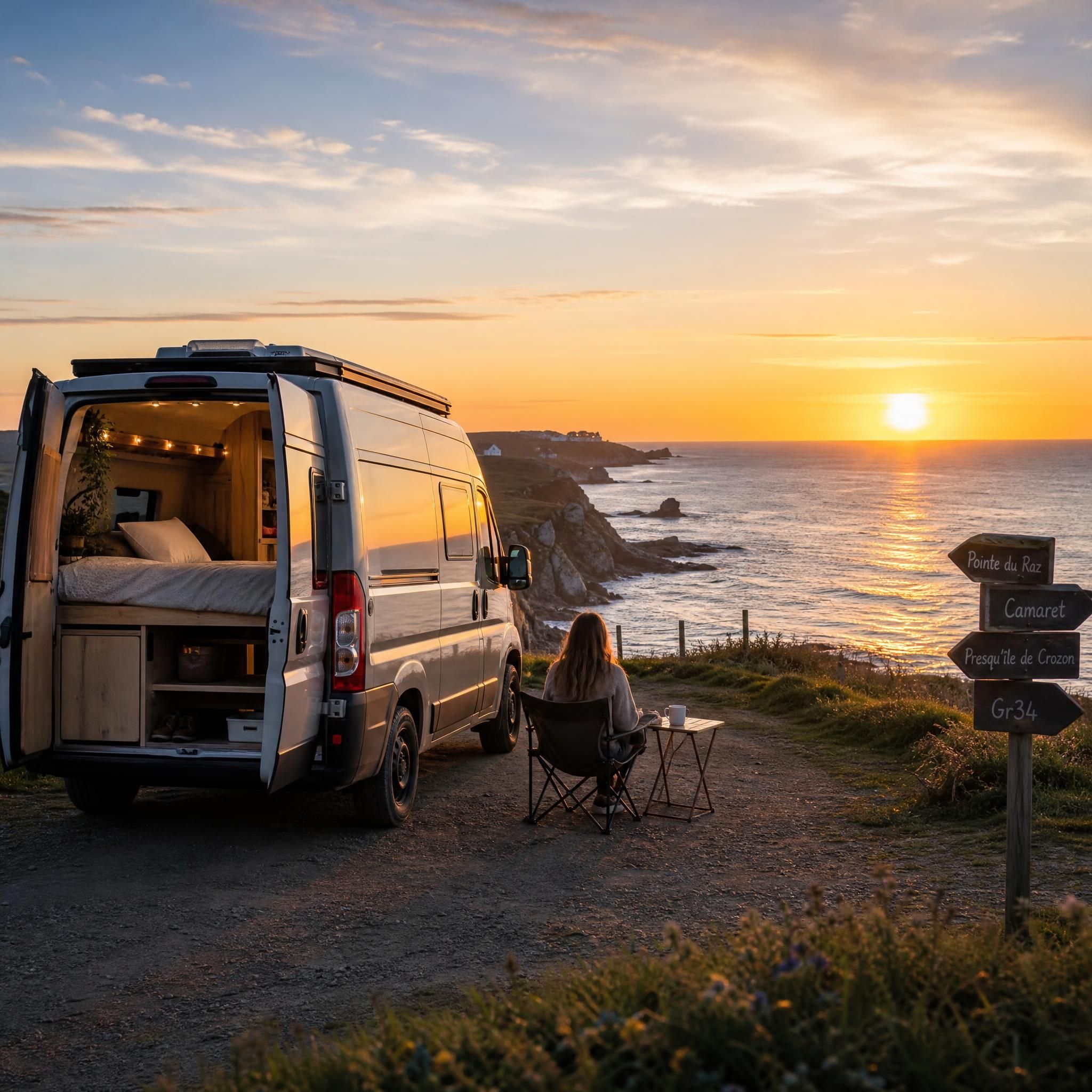 Van aménagé garé face à un coucher de soleil sur la côte bretonne, road trip liberté vanlife France