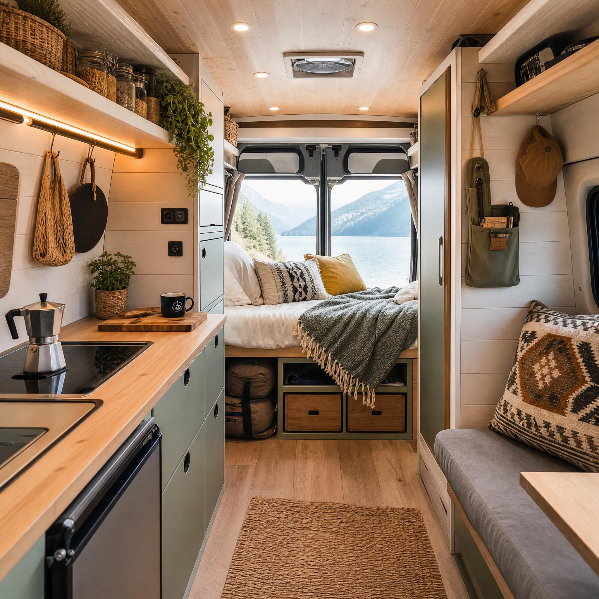 Intérieur confortable d'un van aménagé avec lit, cuisine et rangements, van life équipement voyage