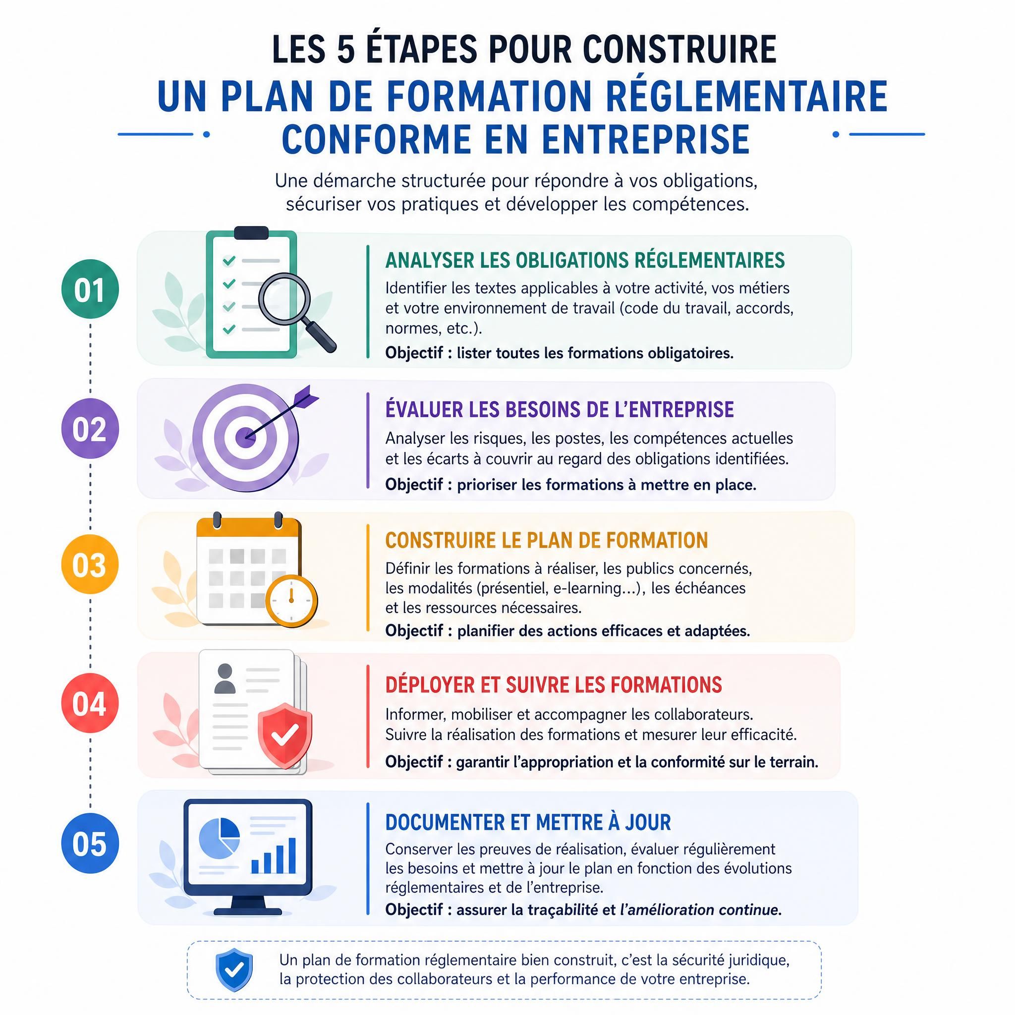 Schéma illustrant les 5 étapes pour construire un plan de formation réglementaire conforme en entreprise