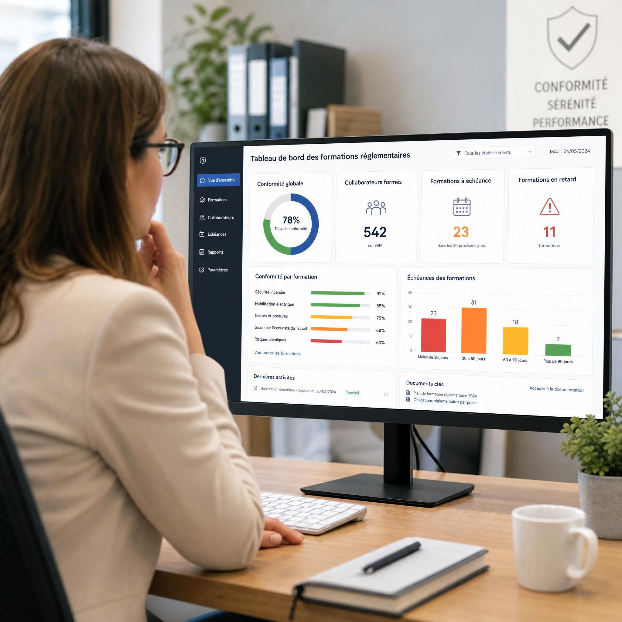 Responsable RH consultant un tableau de bord de formations réglementaires obligatoires en entreprise, illustrant la conformité réglementaire formation