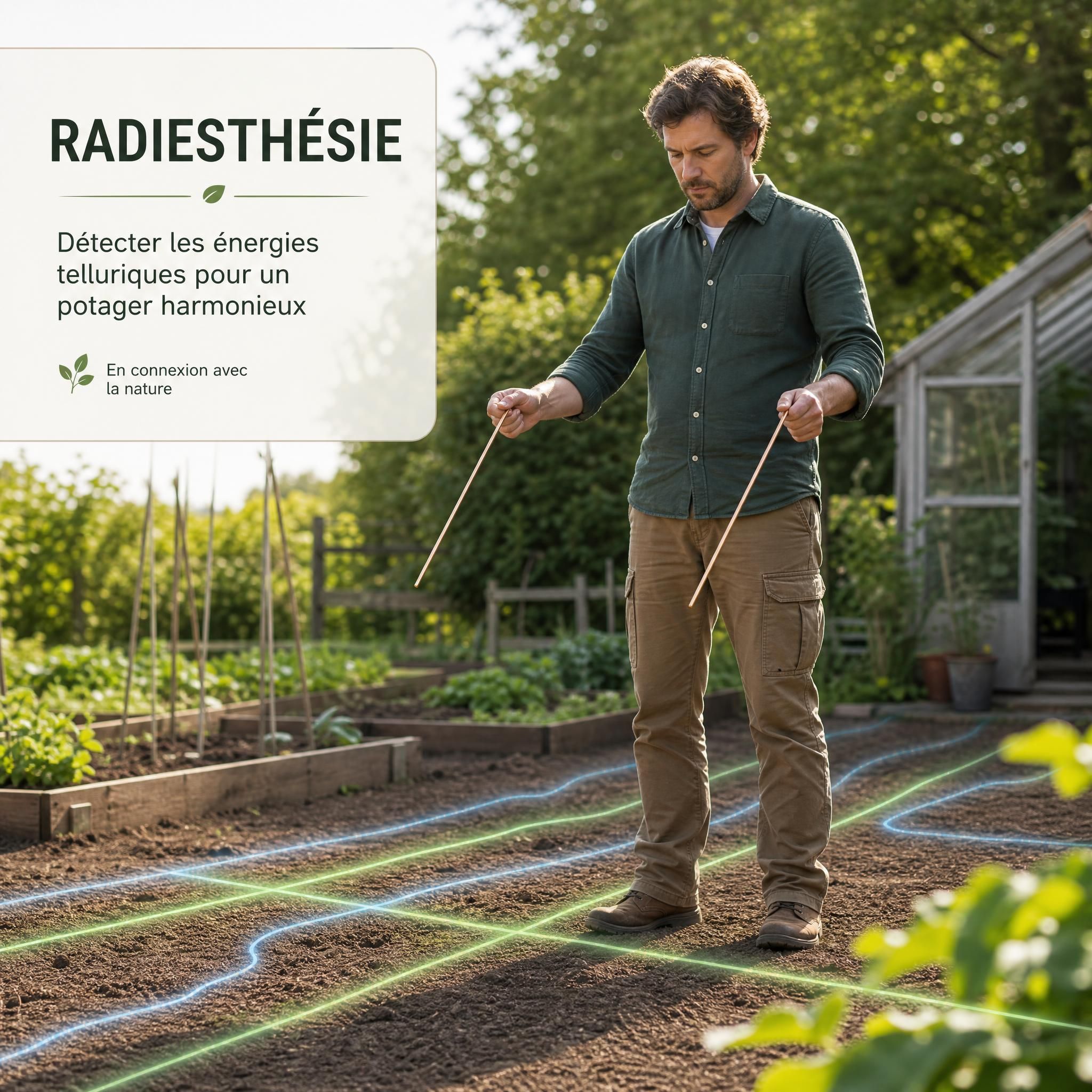 Praticien en radiesthésie utilisant des baguettes de sourcier dans un jardin potager pour détecter les lignes d'énergie telluriques avant la plantation