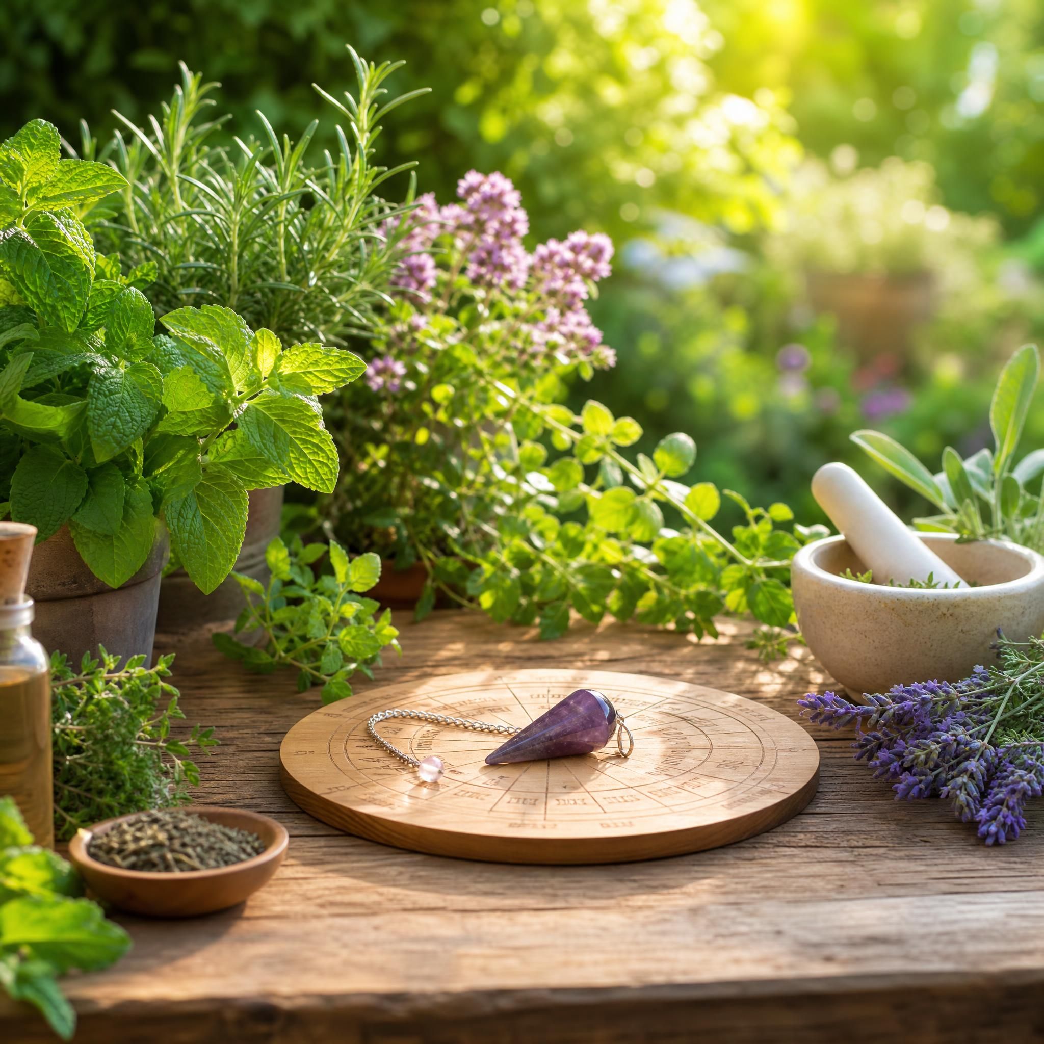 Jardin naturel harmonisé avec pendule de radiesthésie posé sur une table en bois, entouré de plantes et d'herbes aromatiques en pleine croissance