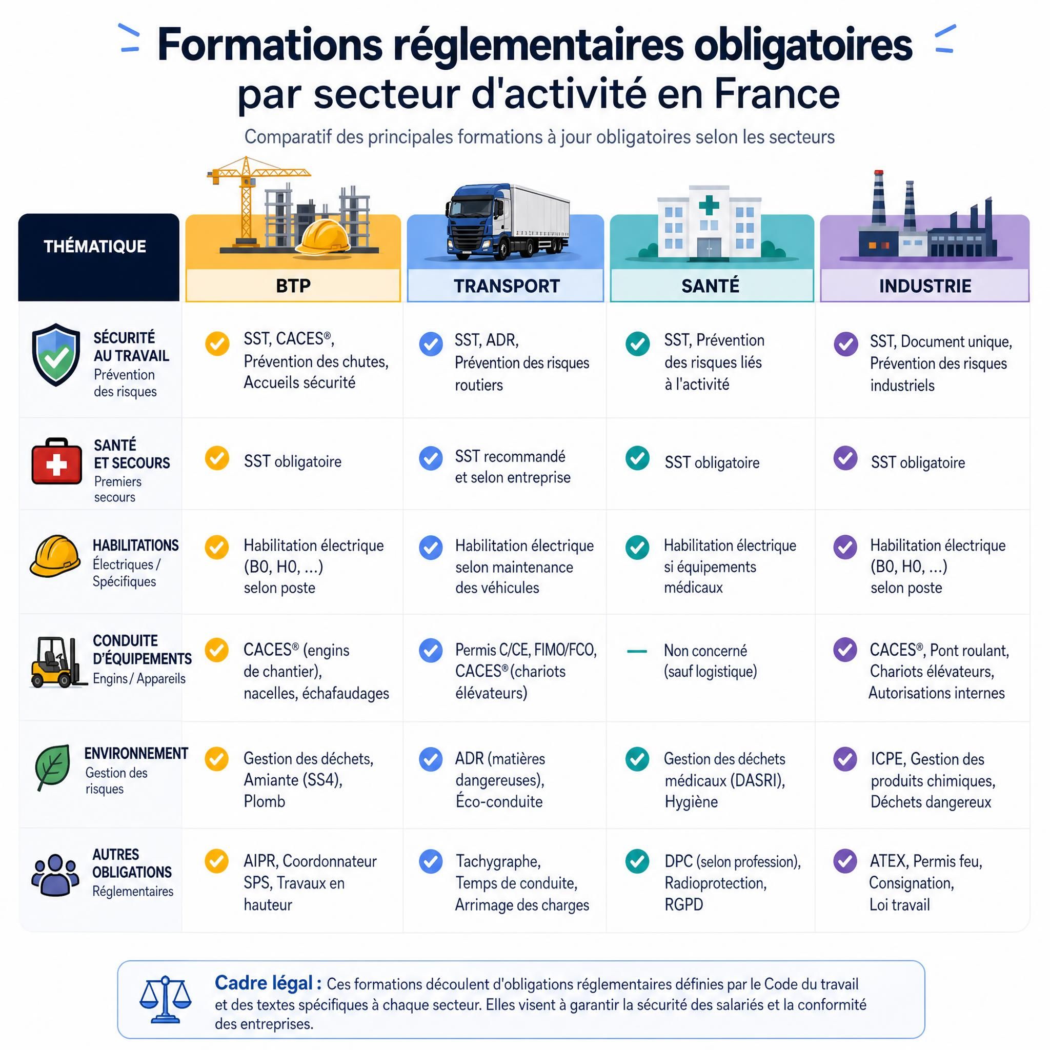 Tableau comparatif des formations réglementaires obligatoires par secteur d'activité en France - BTP, transport, santé, industrie
