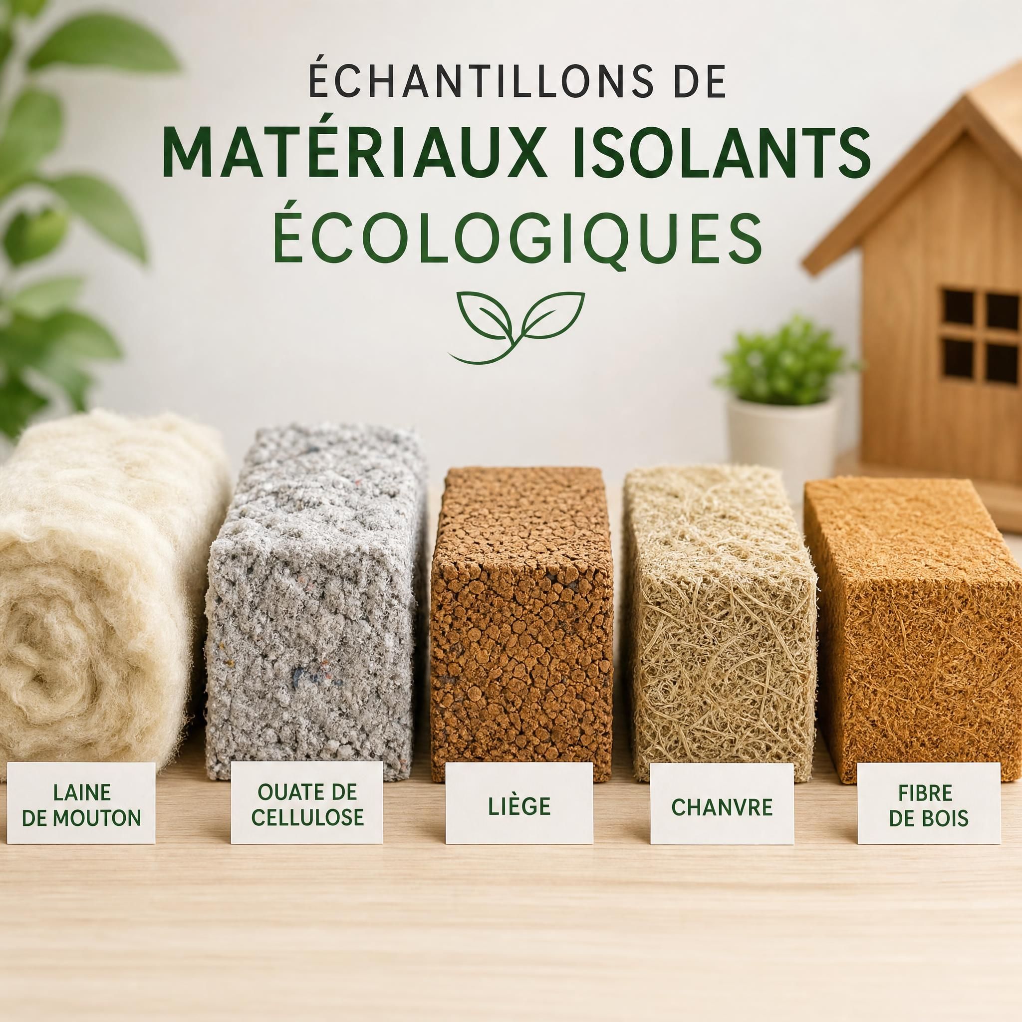 Échantillons de matériaux isolants écologiques : laine de mouton, ouate de cellulose, liège, chanvre et fibre de bois disposés côte à côte
