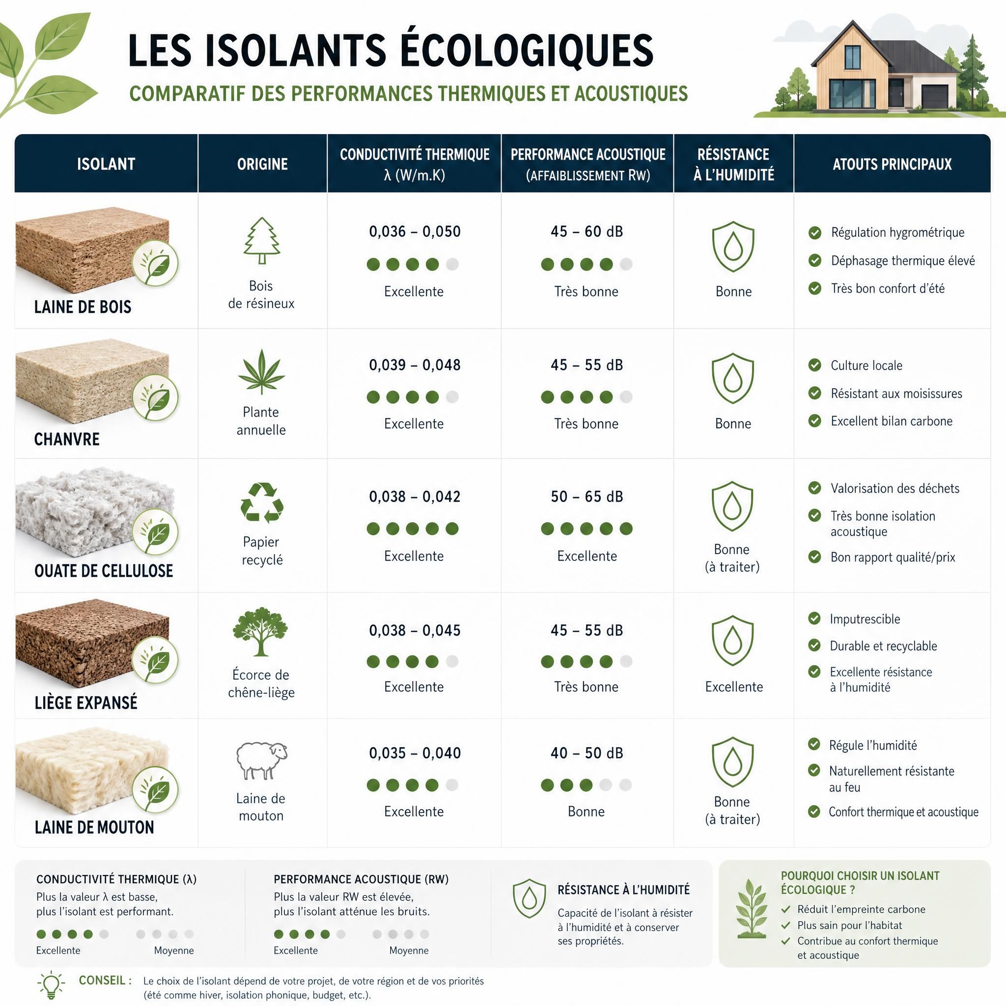 Tableau comparatif illustré des isolants écologiques avec leurs caractéristiques thermiques et acoustiques