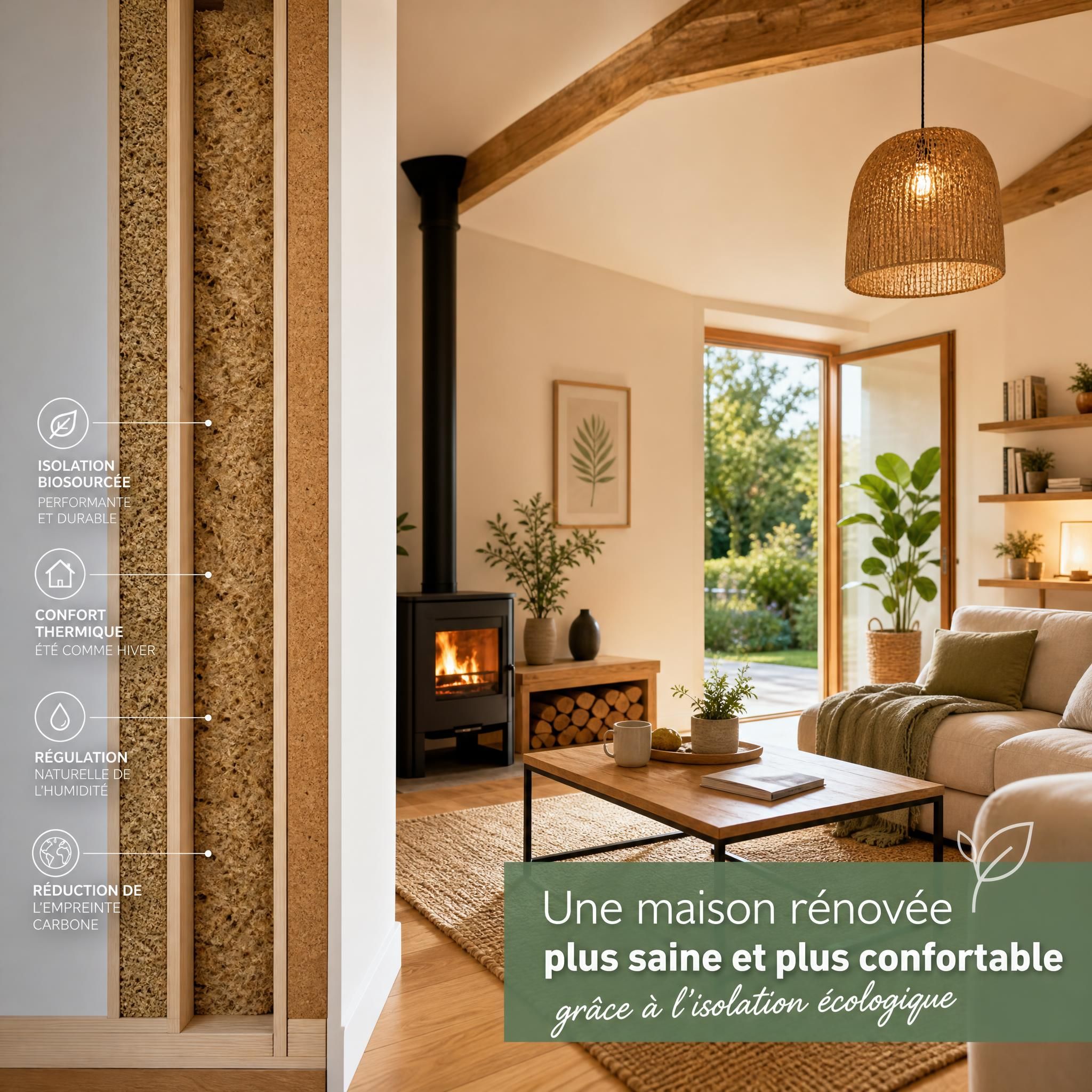 Maison rénovée avec isolation écologique biosourcée, vue intérieure chaleureuse et confortable