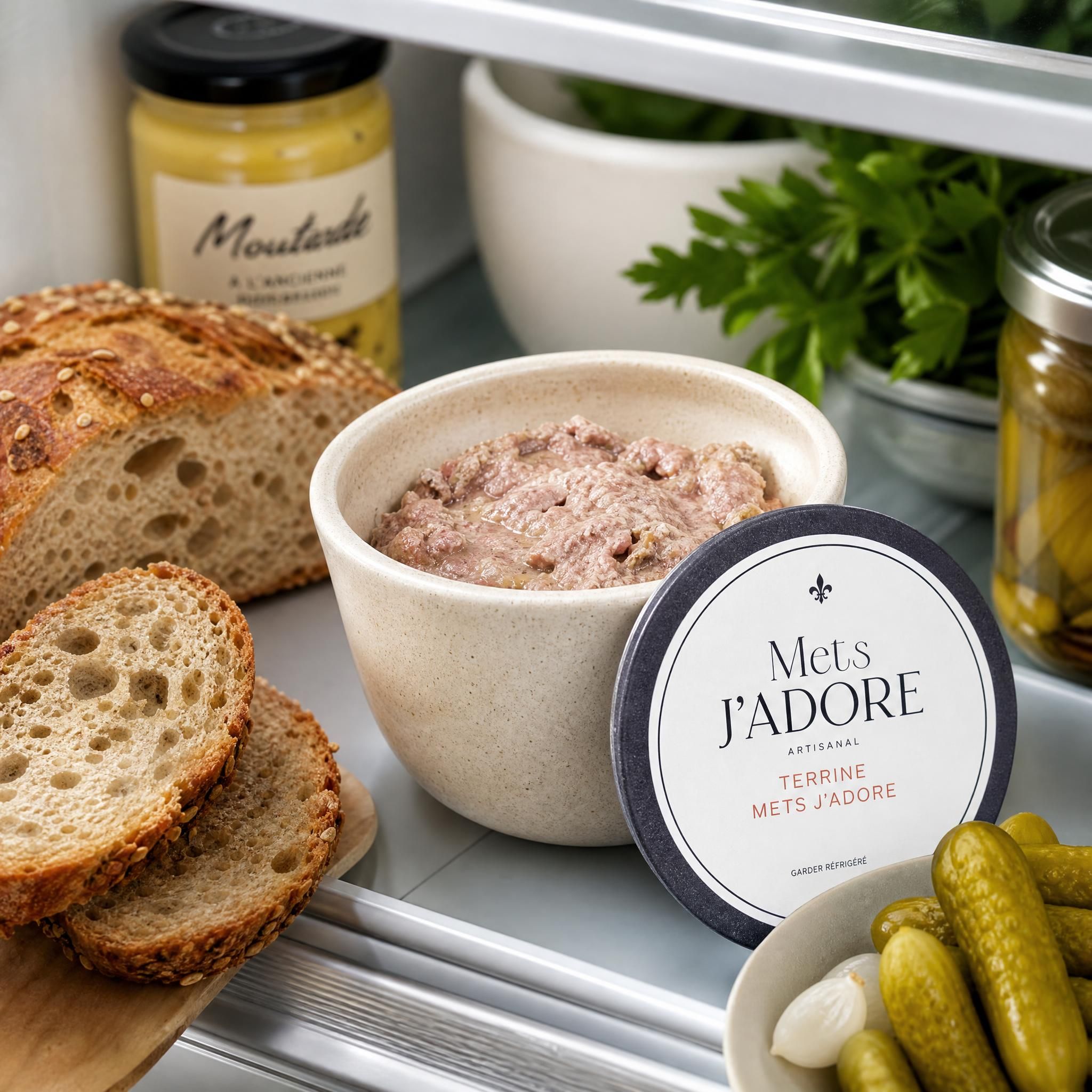 Terrine Mets J'adore ouverte dans un bol en céramique au réfrigérateur, entourée de pain artisanal et de cornichons
