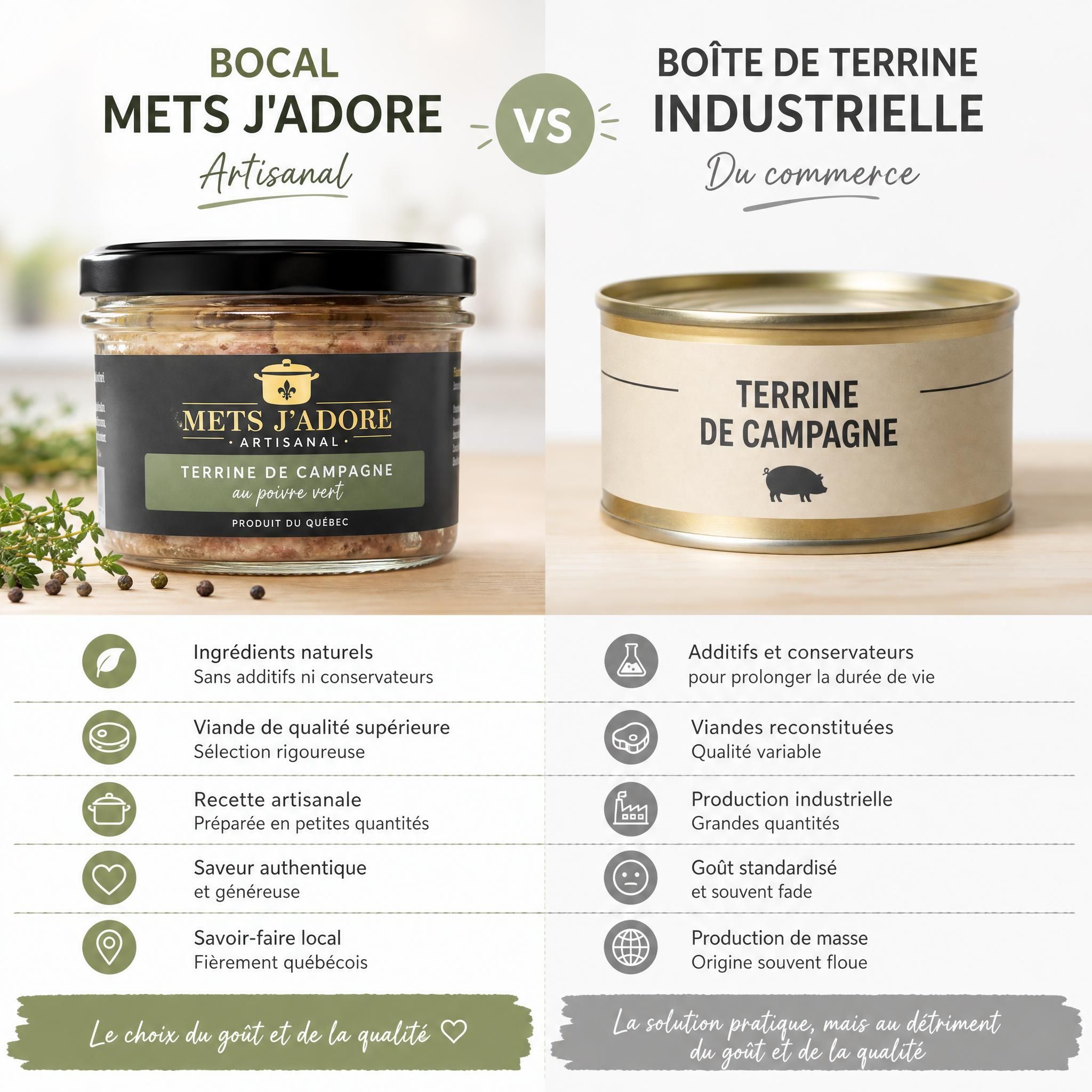 Comparaison côte à côte d'un bocal Mets J'adore artisanal et d'une boîte de terrine industrielle du commerce