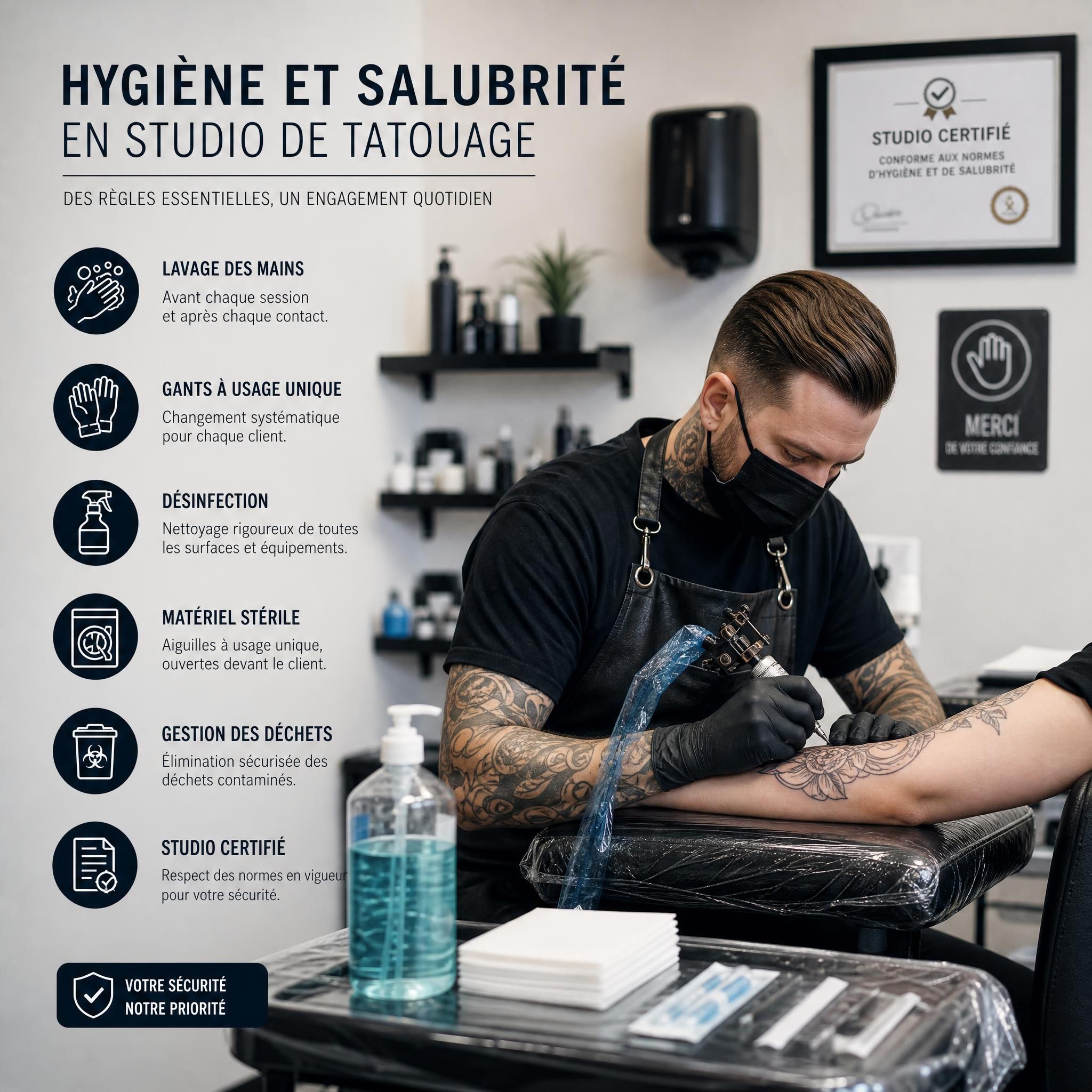 Professionnel du tatouage en tenue de protection appliquant les règles d'hygiène et salubrité dans un studio certifié