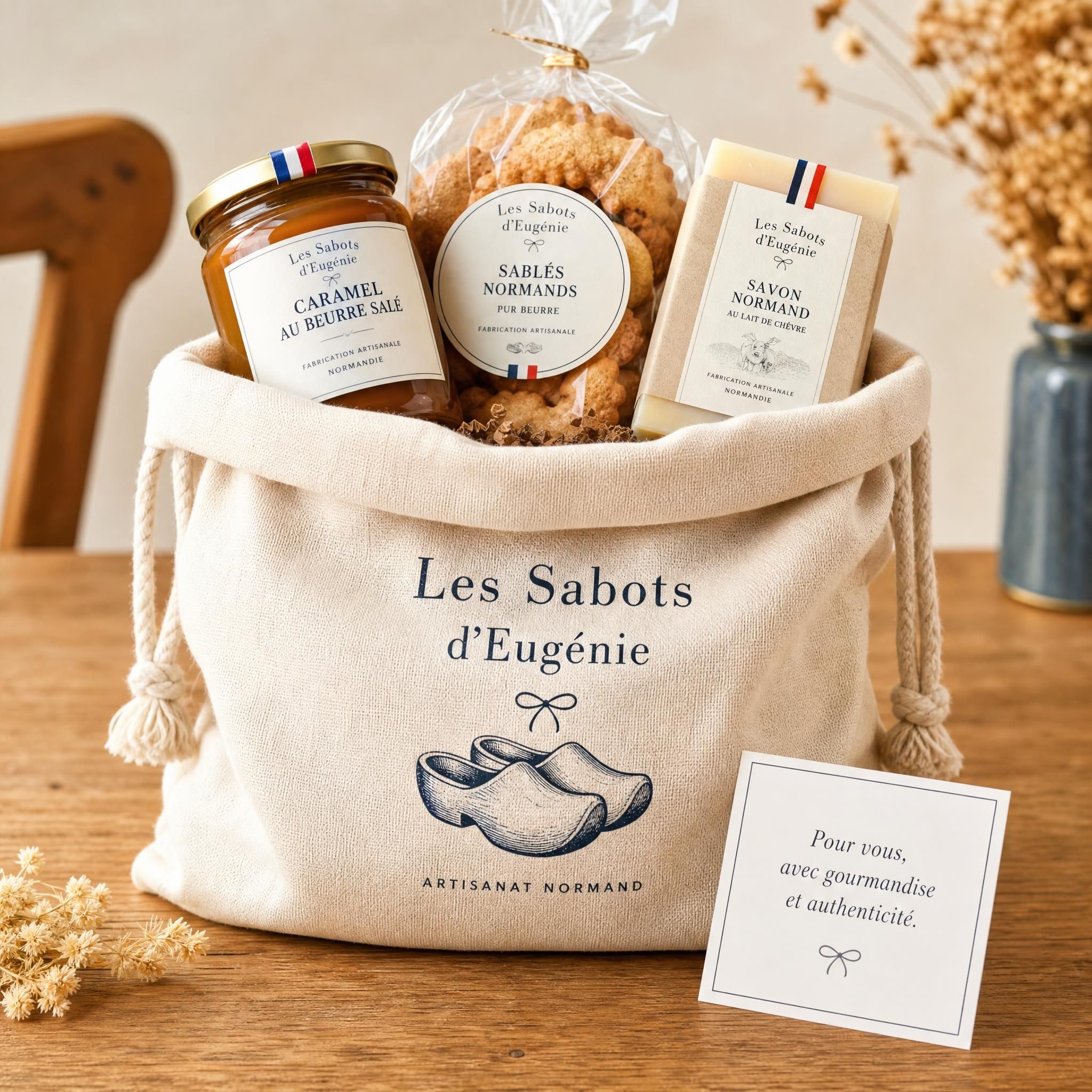 Pochon textile Les Sabots d'Eugénie rempli de produits normands artisanaux — caramel au beurre salé, biscuits et savon — posé sur une table en bois avec une petite carte personnalisée