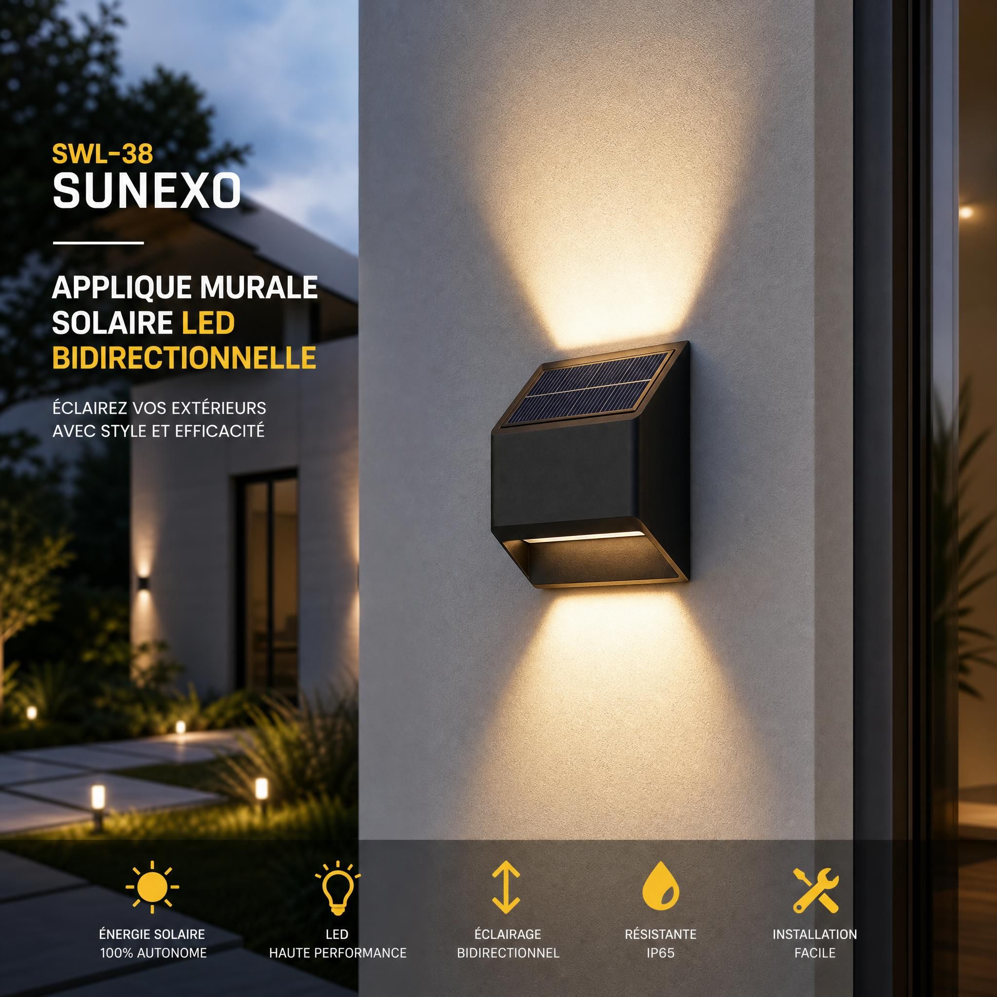 Applique murale solaire SWL-38 Sunexo installée sur façade extérieure, éclairage LED bidirectionnel