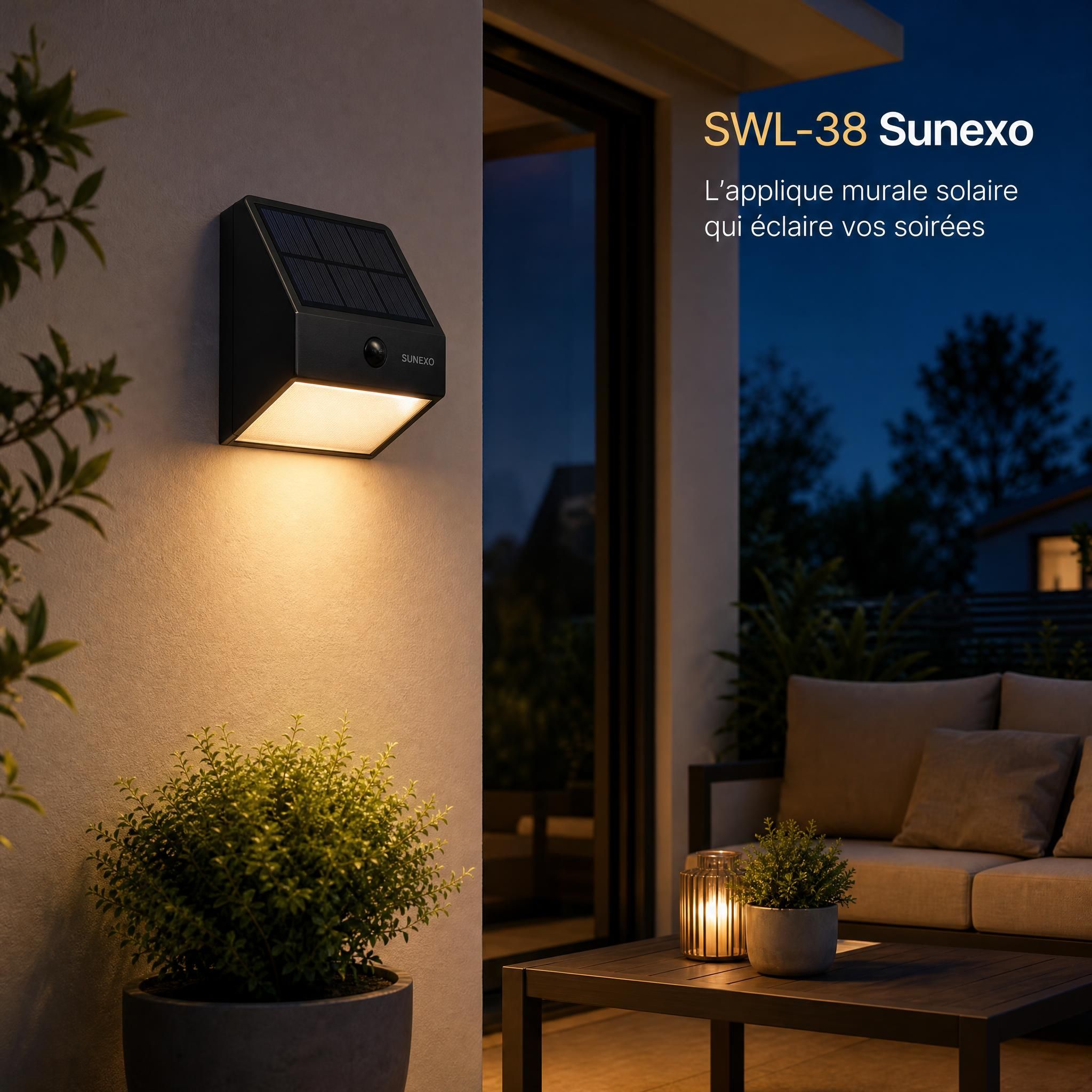 Applique murale solaire SWL-38 Sunexo en situation nocturne, éclairage ambiant sur terrasse extérieure