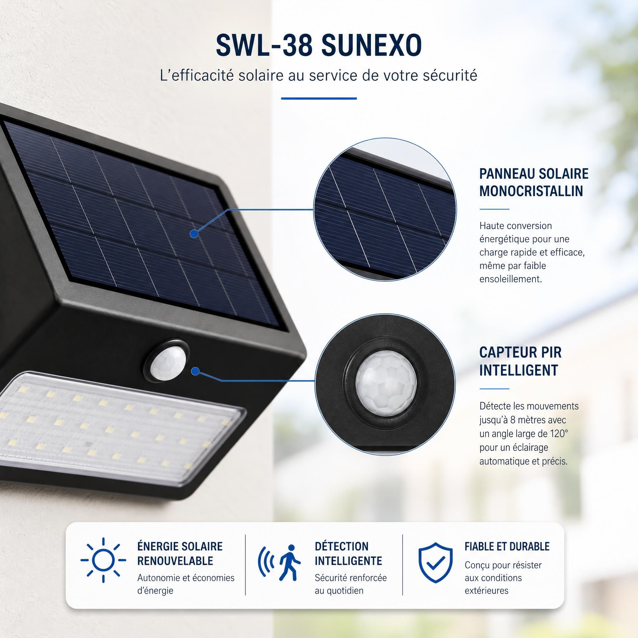 Détail du panneau solaire monocristallin et du capteur PIR de l'applique SWL-38 Sunexo