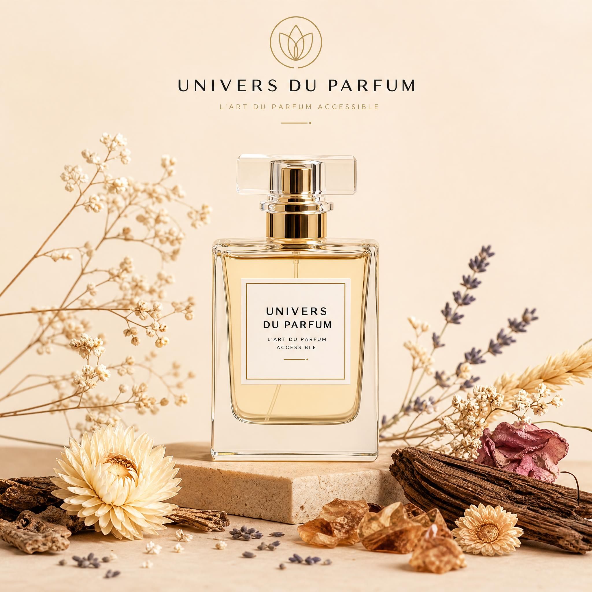 Flacon de parfum élégant sur fond beige vanille avec des fleurs séchées et des notes boisées — univers premium accessible Univers du Parfum