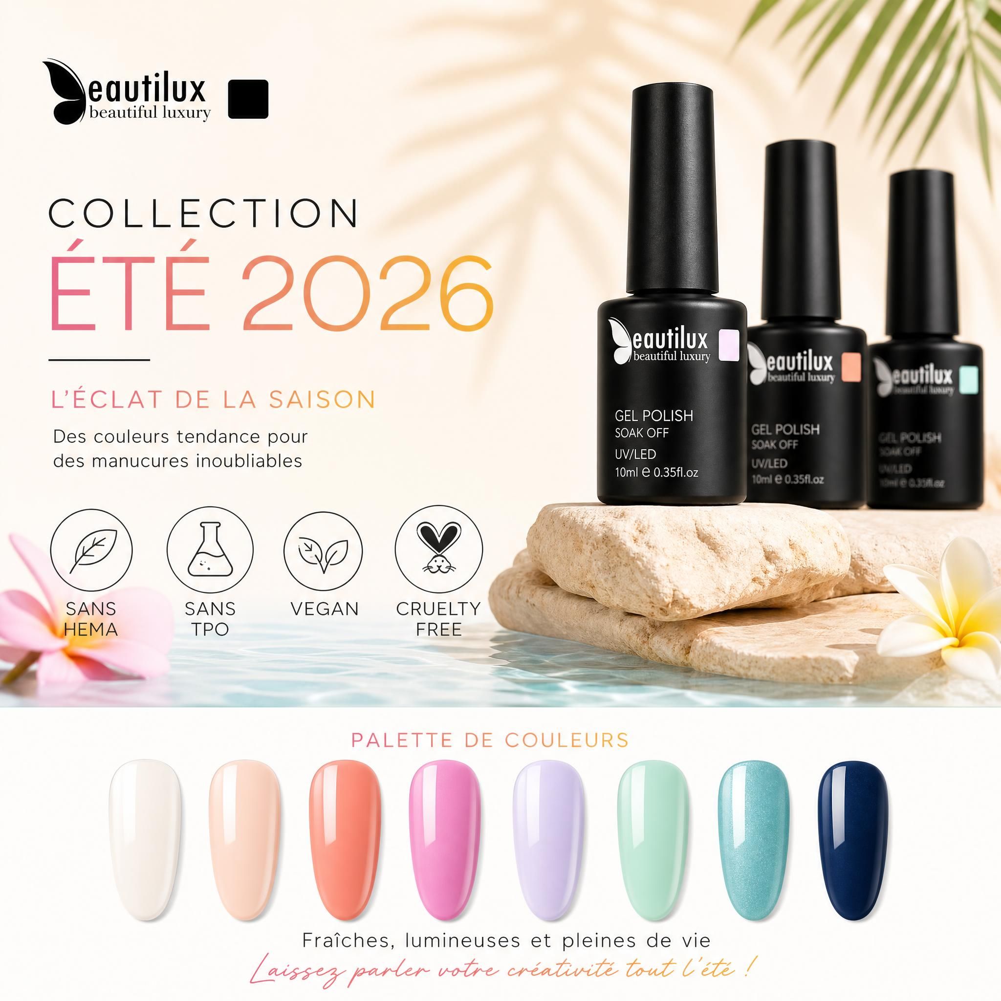 Produits Beautilux vernis semi-permanent sans HEMA sans TPO vegan cruelty-free, collection été 2026 avec palette de couleurs tendance