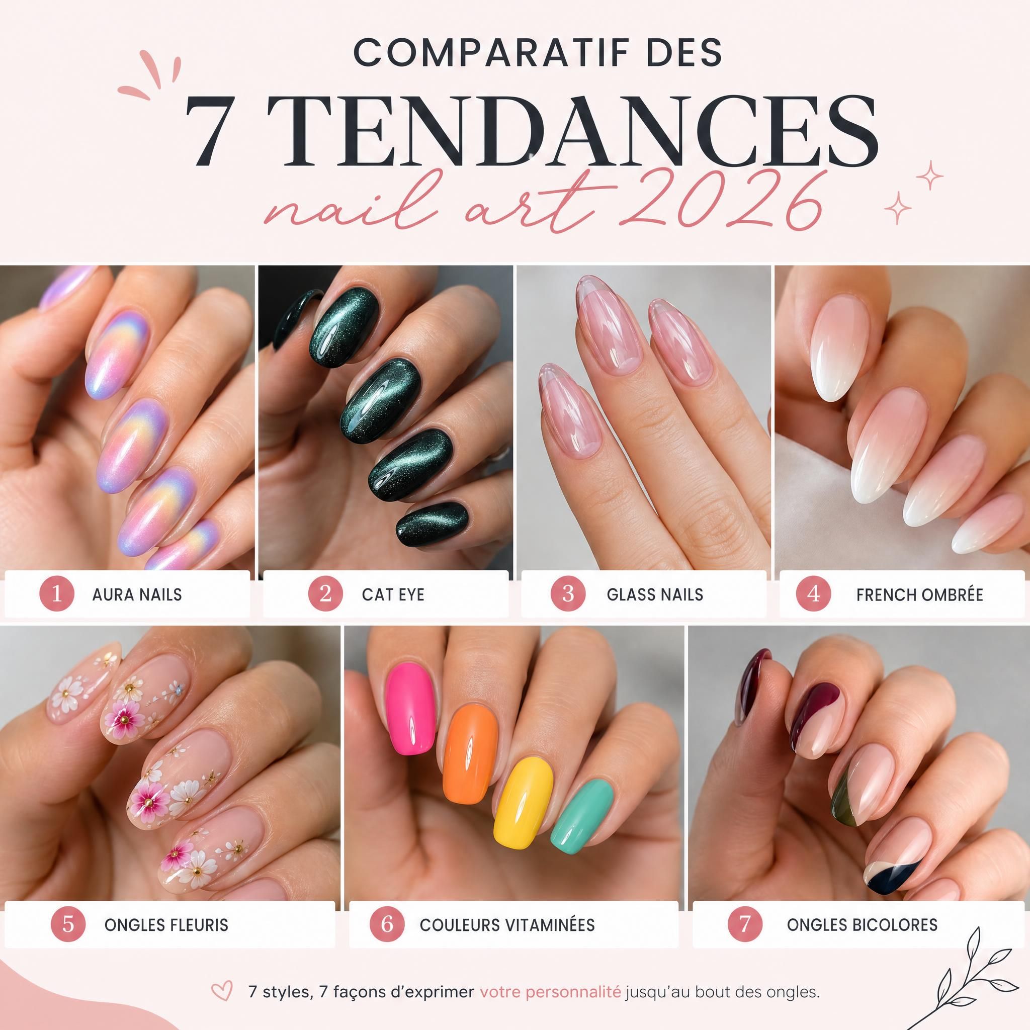 Comparatif des 7 tendances nail art 2026 - aura nails, cat eye, glass nails, french ombrée, ongles fleuris, couleurs vitaminées et ongles bicolores