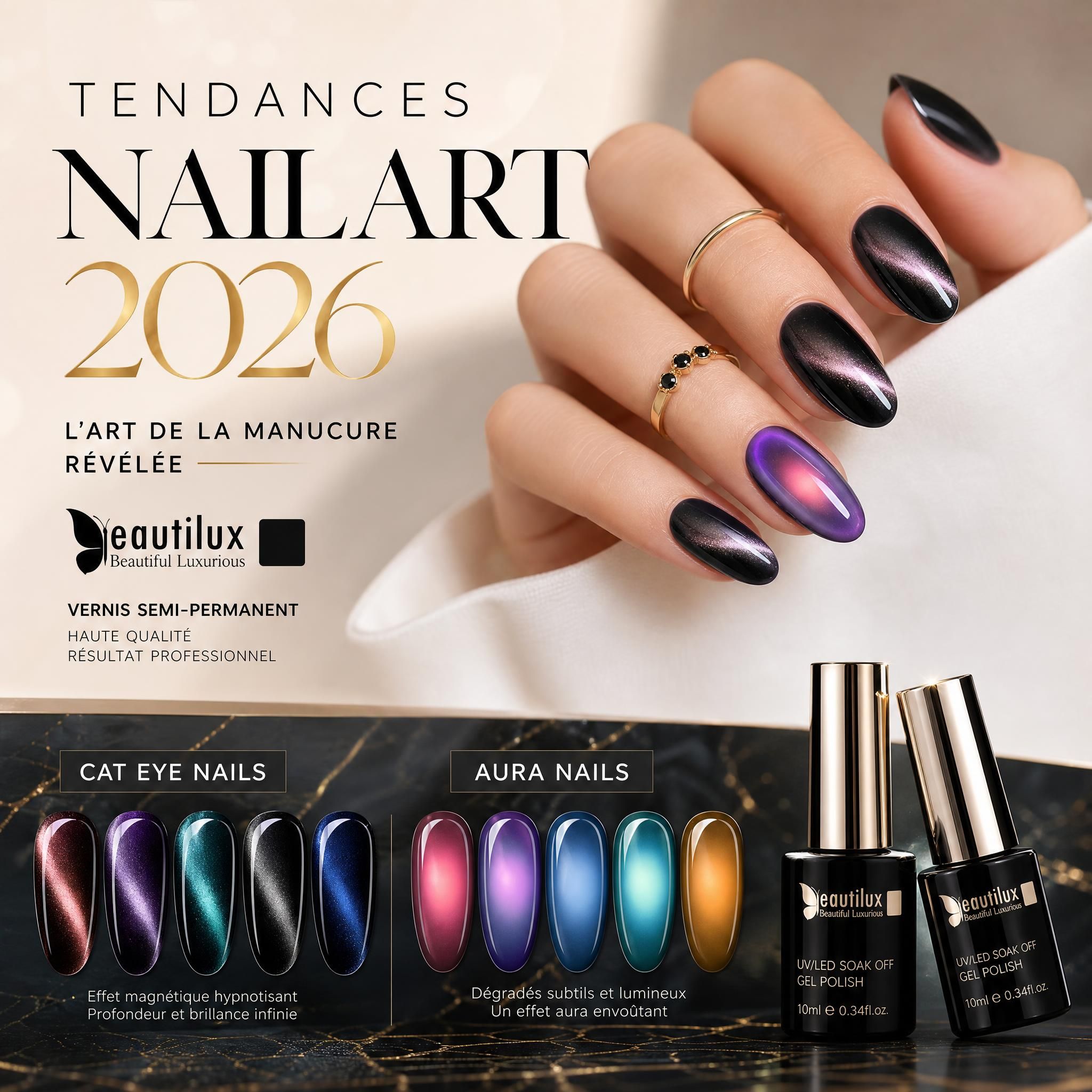 Tendances nail art 2026 - manucure professionnelle avec vernis semi-permanent Beautilux, cat eye nails et aura nails sur fond élégant