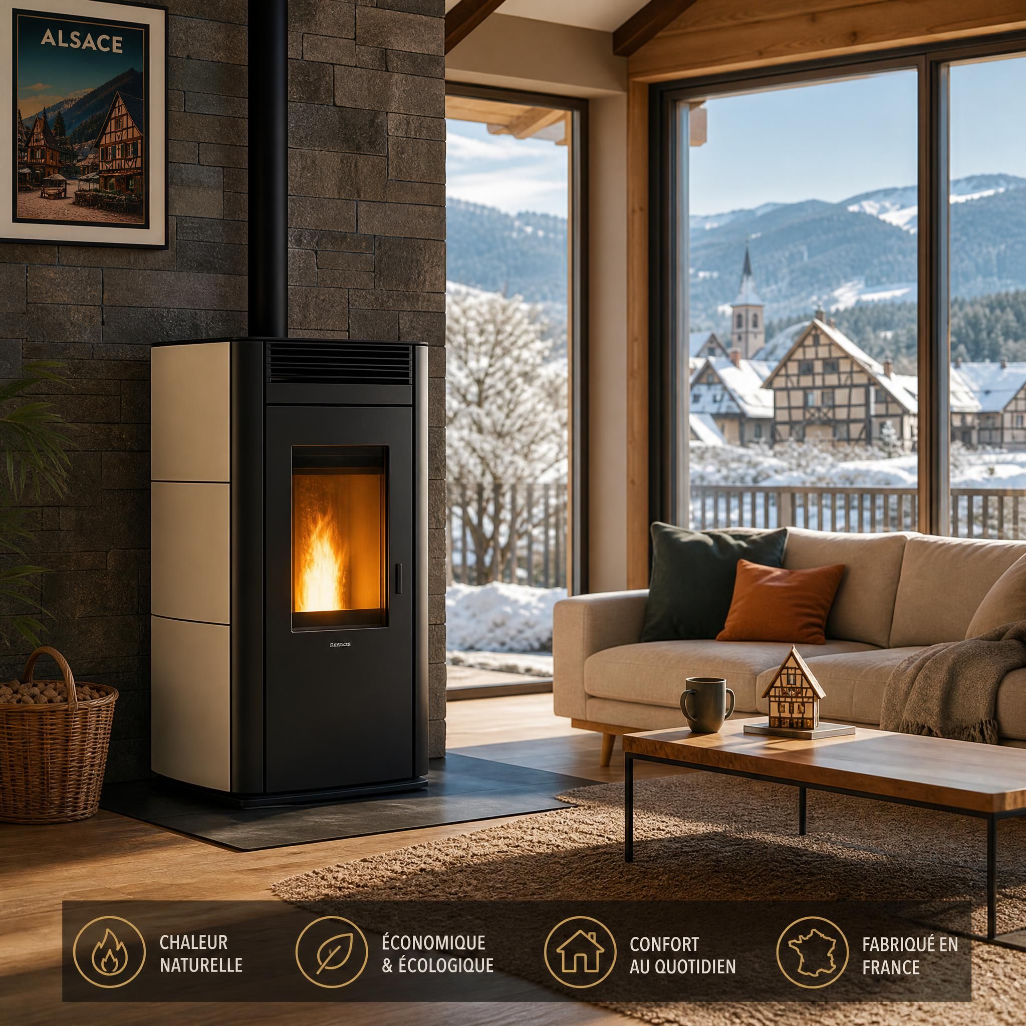 Poêle à granulés moderne installé dans un salon alsacien avec vue sur les Vosges, ambiance chaleureuse en hiver
