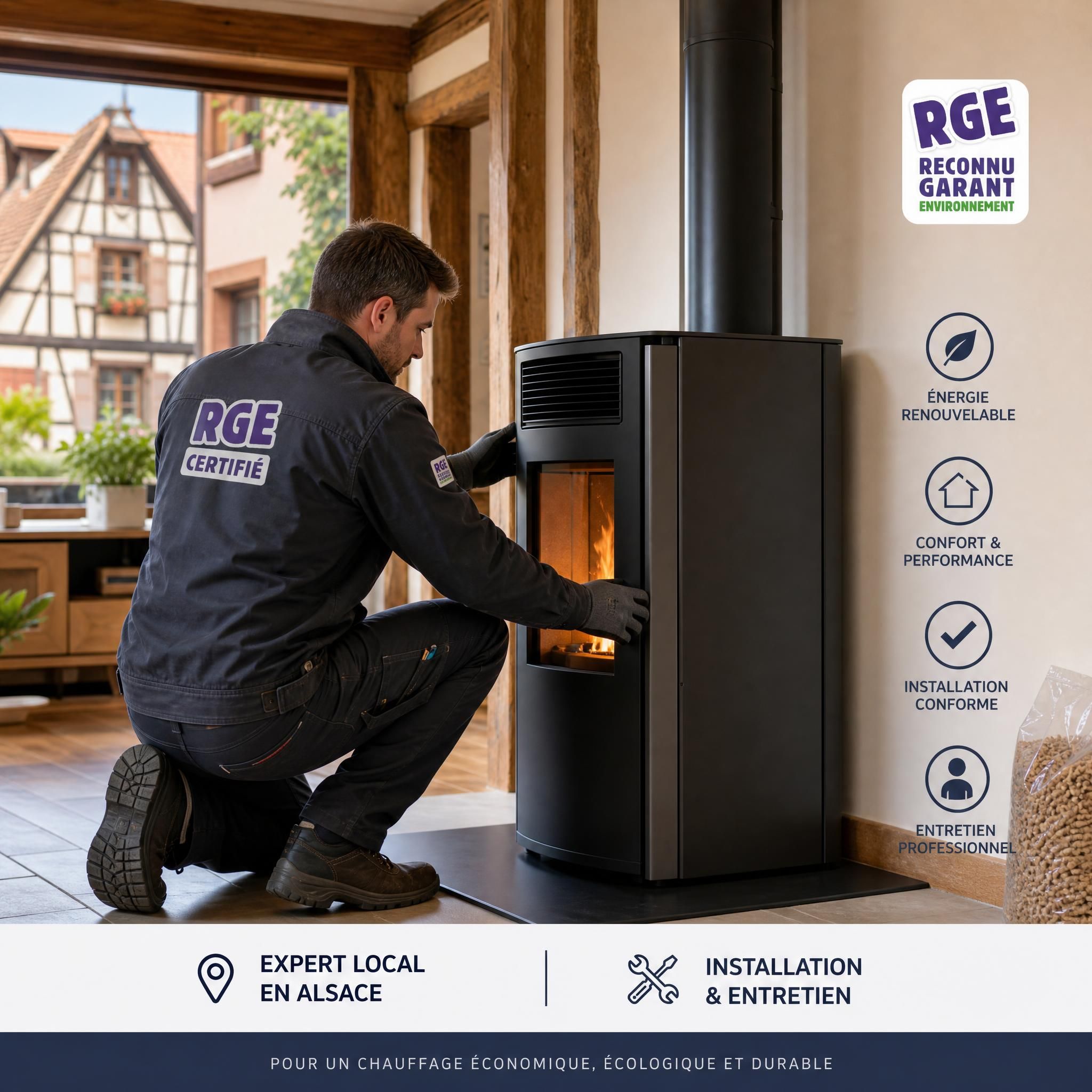Technicien RGE certifié en train d'installer un poêle à granulés dans une maison alsacienne, entretien professionnel