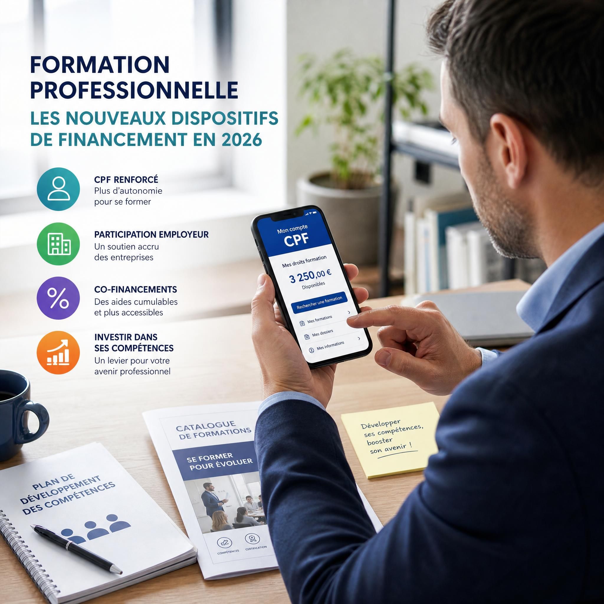 Professionnel consultant son compte CPF sur smartphone avec documents de formation sur son bureau, illustrant les nouveaux dispositifs de financement de la formation professionnelle en 2026