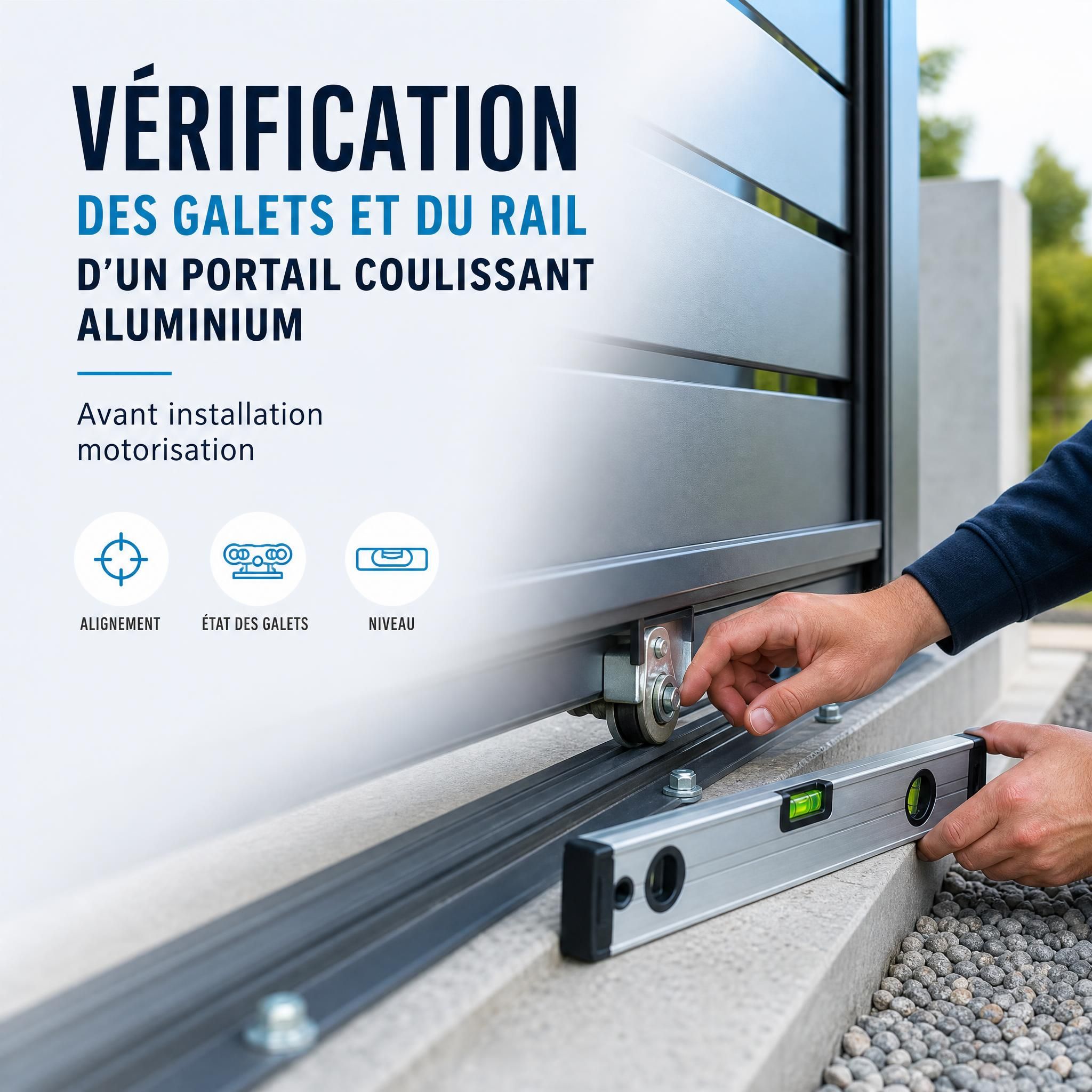 Vérification des galets et du rail d'un portail coulissant aluminium avant installation motorisation