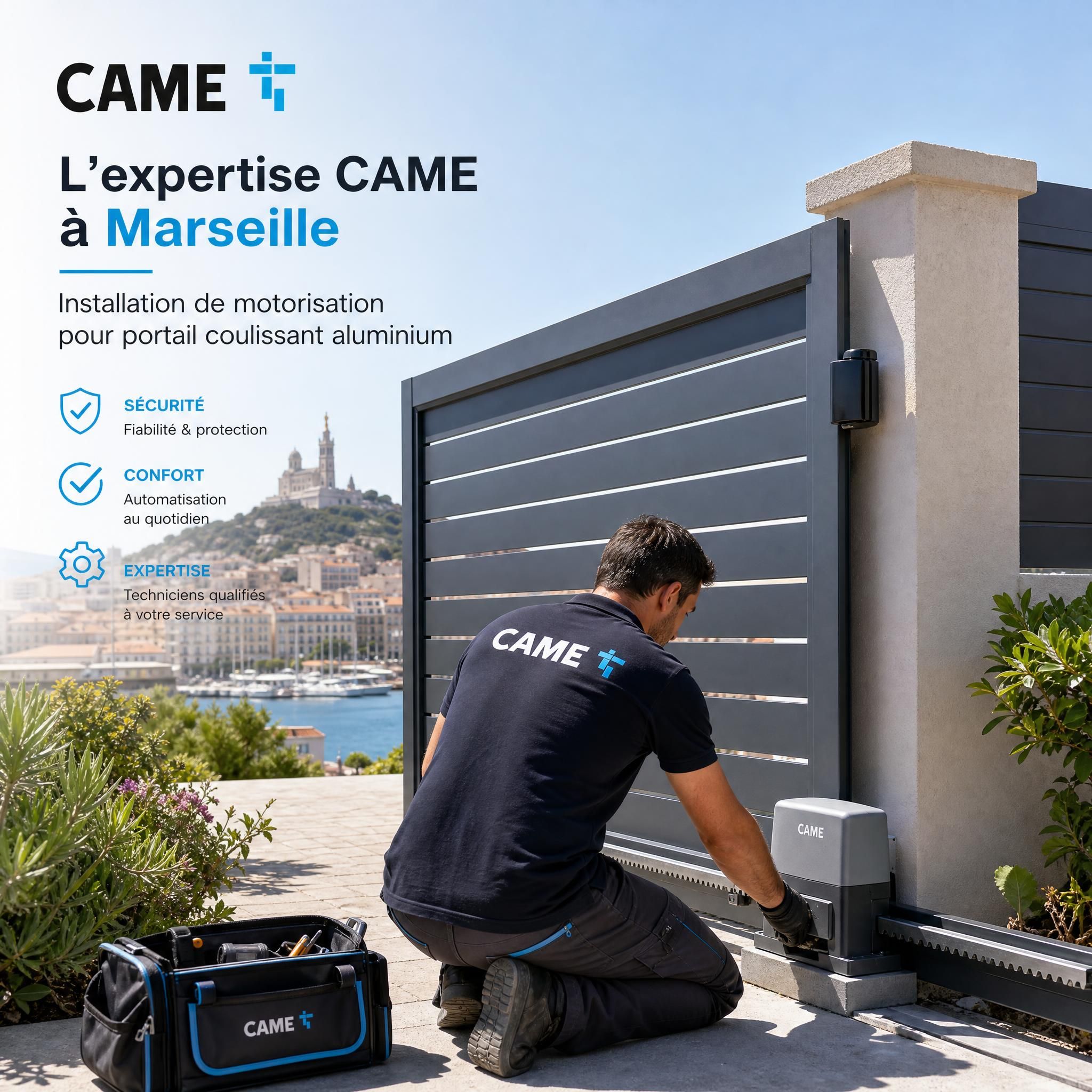Technicien professionnel installant une motorisation CAME sur un portail coulissant aluminium à Marseille