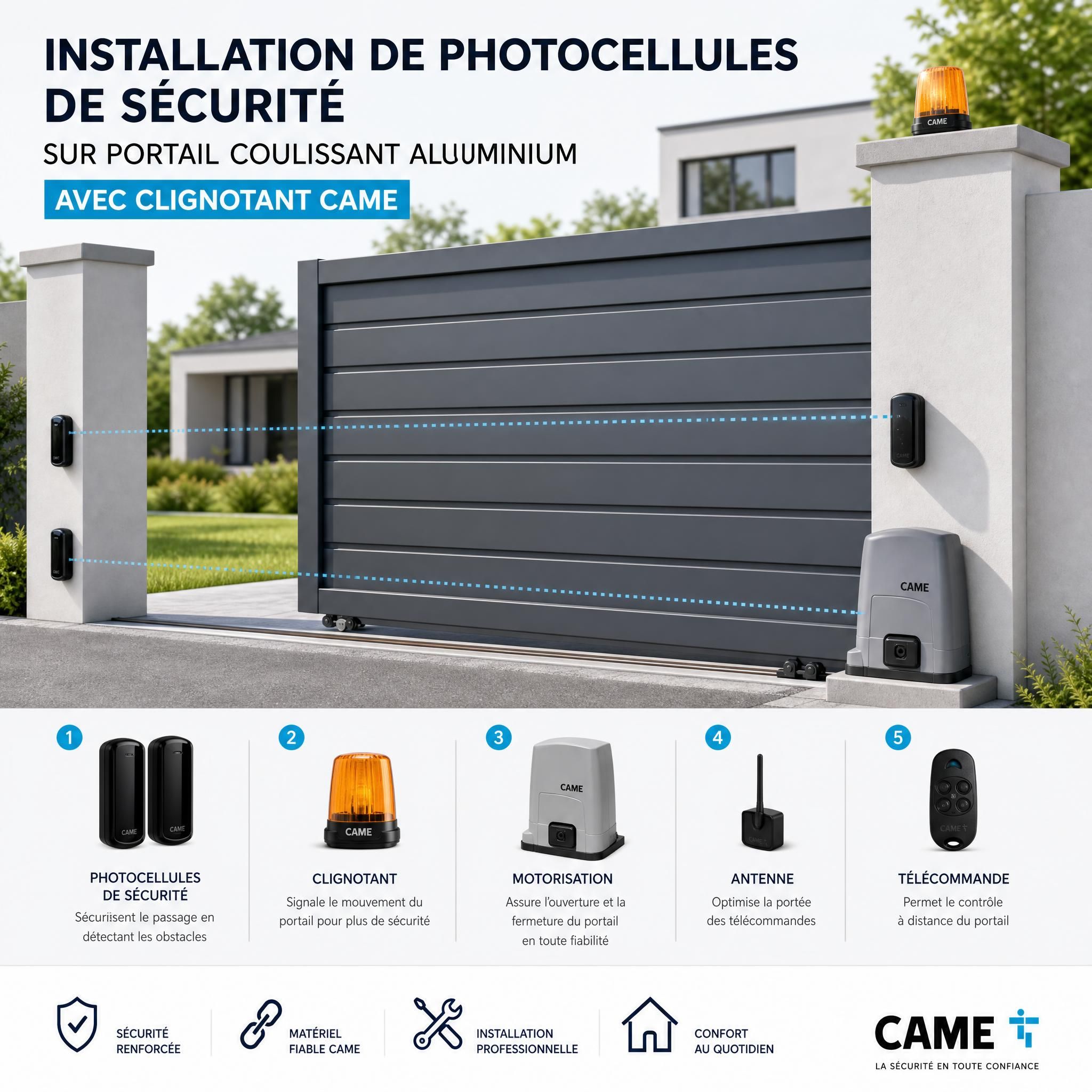Installation de photocellules de sécurité sur portail coulissant aluminium avec clignotant CAME