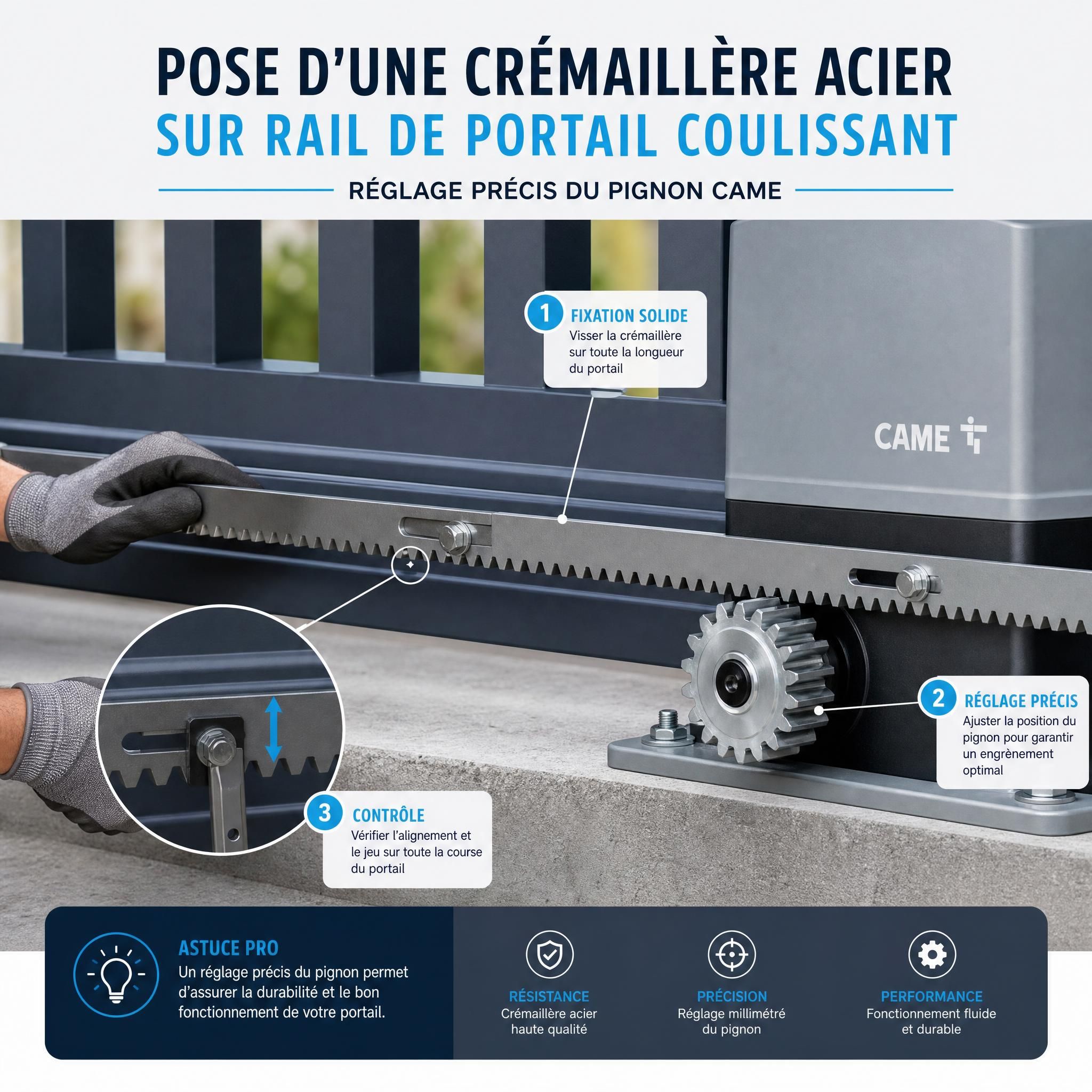 Pose d'une crémaillère acier sur rail de portail coulissant avec réglage précis du pignon CAME