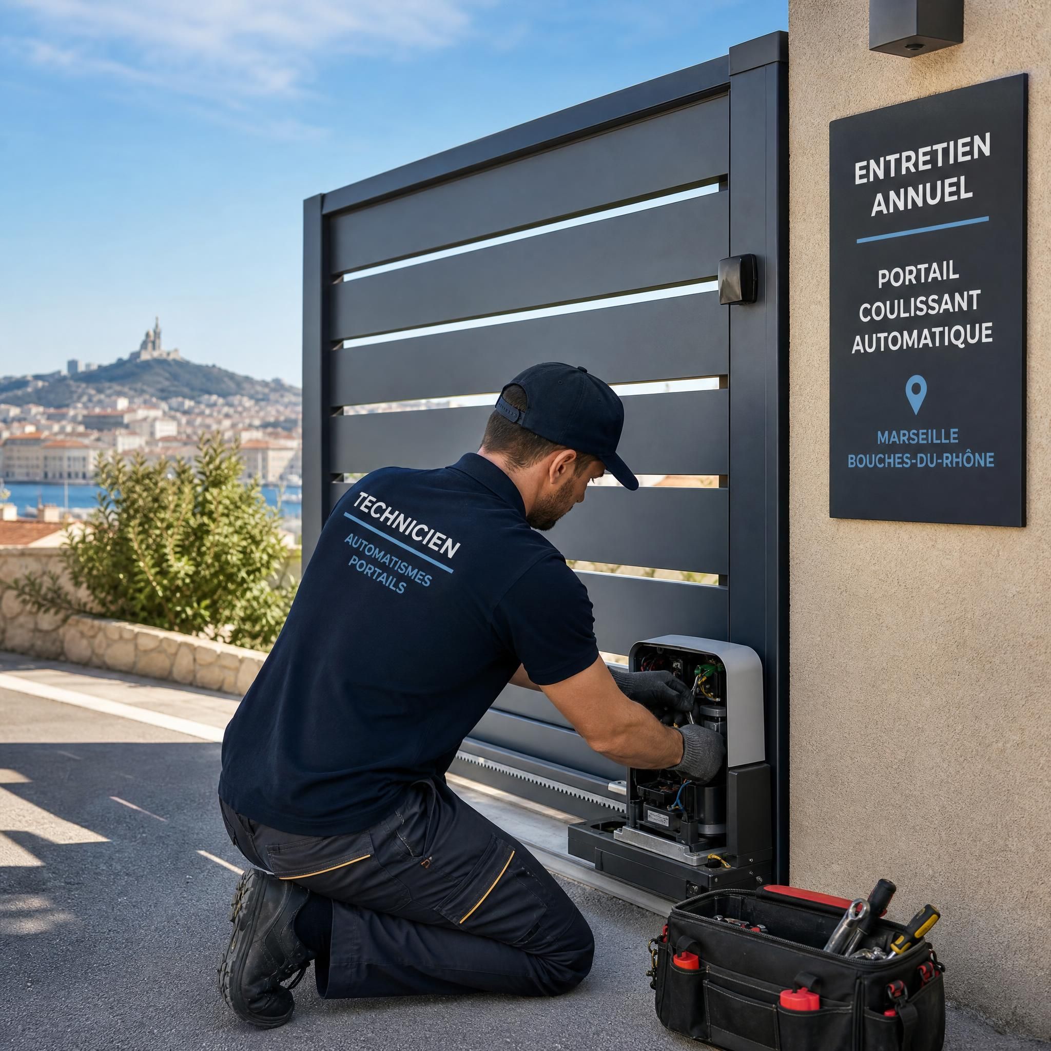 Technicien effectuant l'entretien annuel d'un portail coulissant automatique à Marseille Bouches-du-Rhône