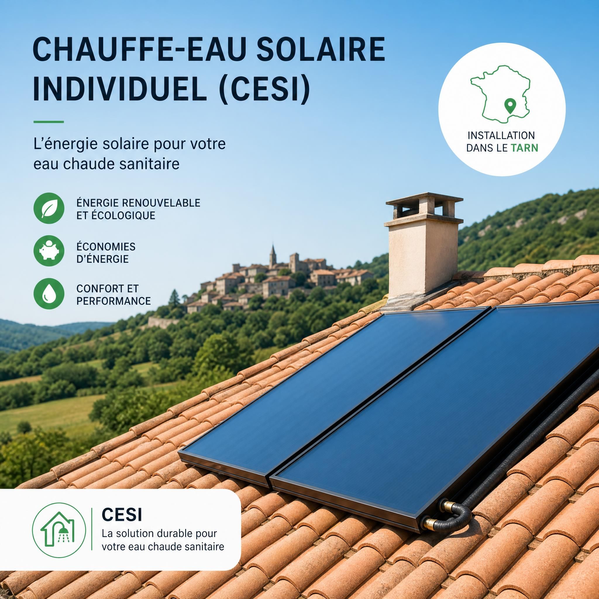 Panneaux solaires thermiques installés sur une toiture en tuiles dans le Tarn pour chauffe-eau solaire individuel CESI