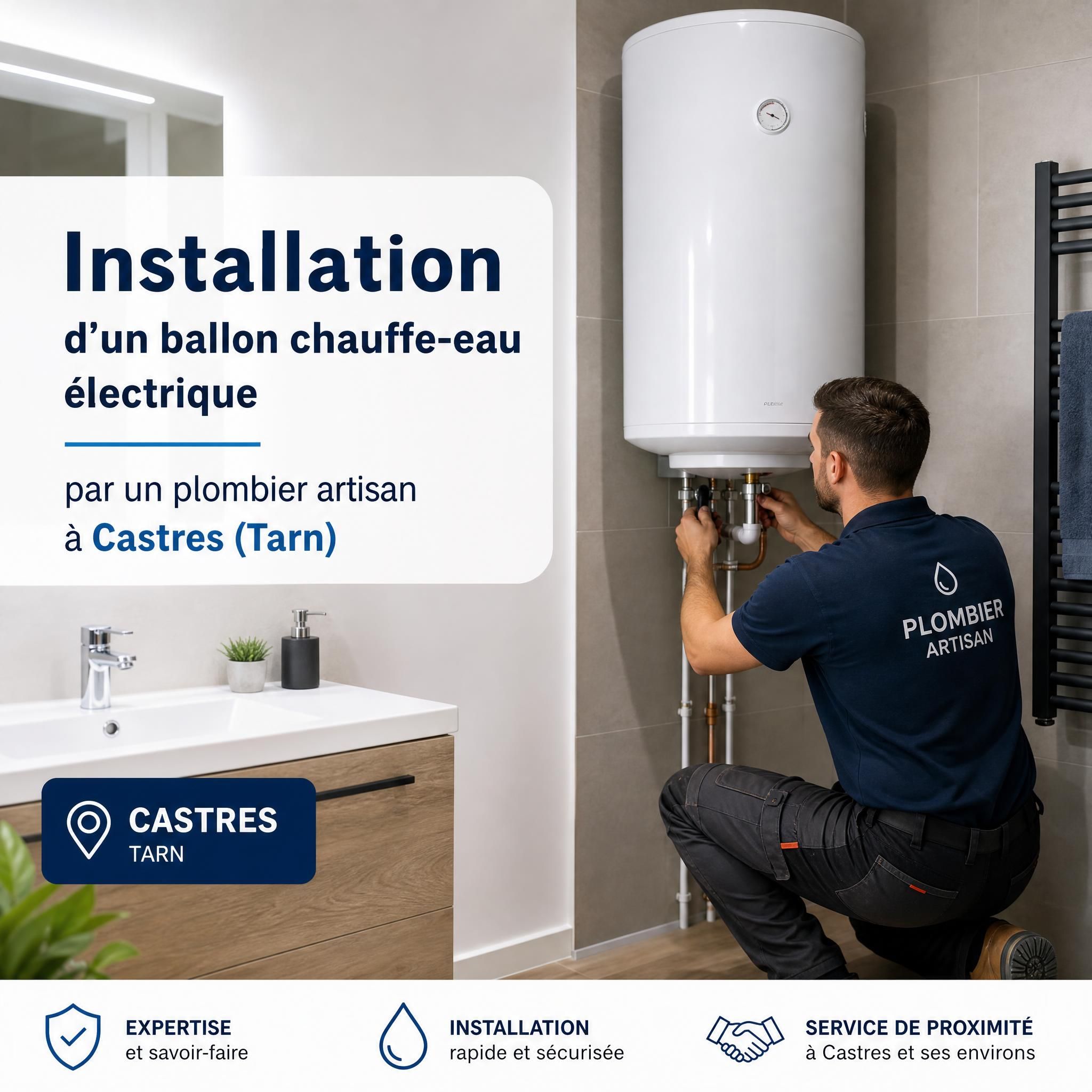Installation d'un ballon chauffe-eau électrique dans une salle de bain par un plombier artisan à Castres Tarn
