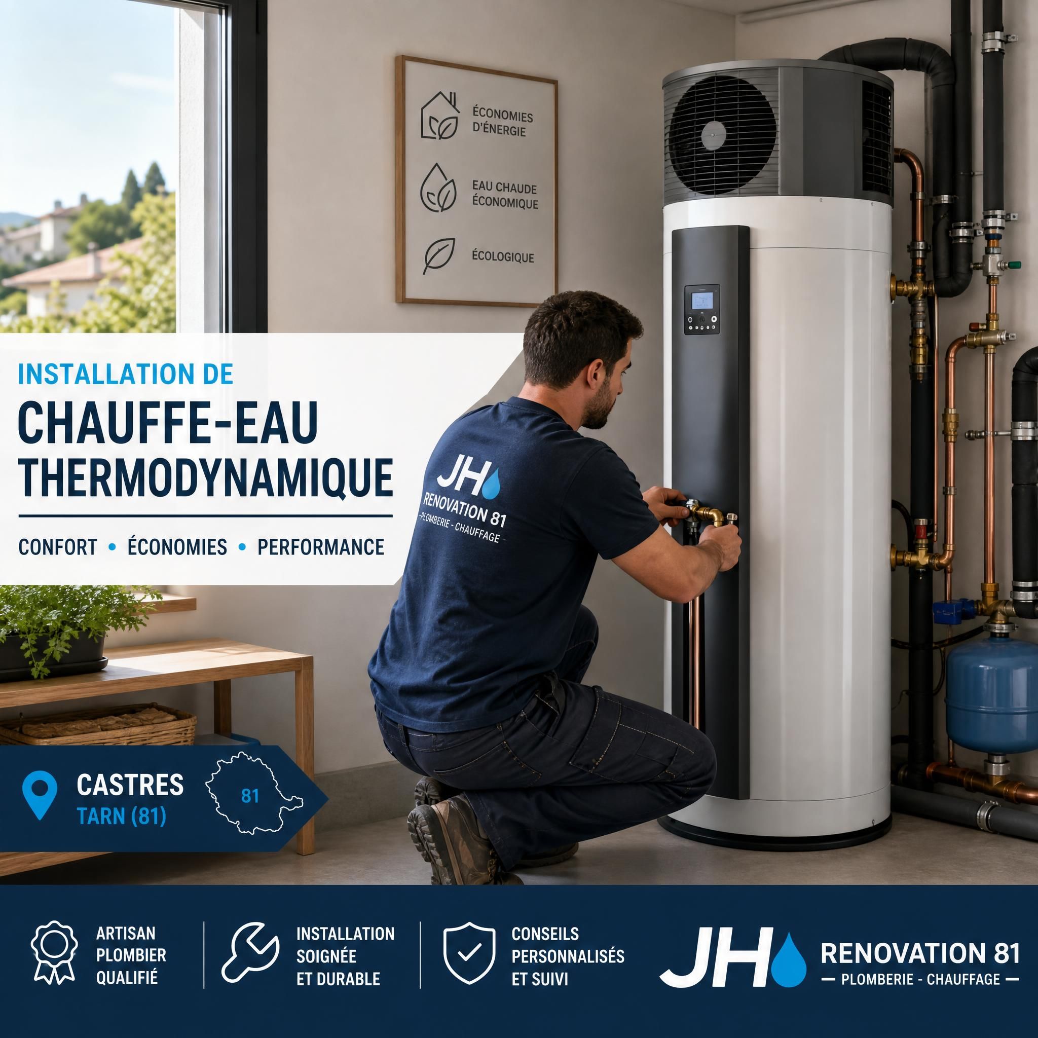 Artisan plombier JH Renovation 81 réalisant l'installation d'un chauffe-eau thermodynamique dans une maison à Castres dans le Tarn 81