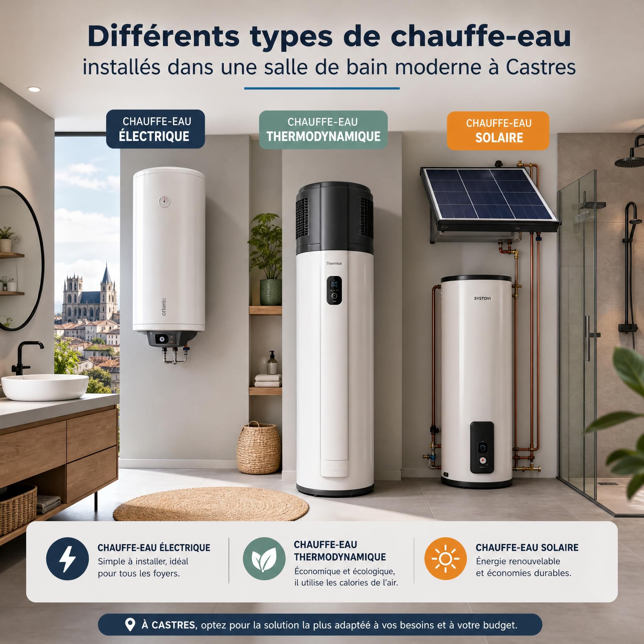 Différents types de chauffe-eau installés dans une salle de bain moderne à Castres - chauffe-eau électrique, thermodynamique et solaire