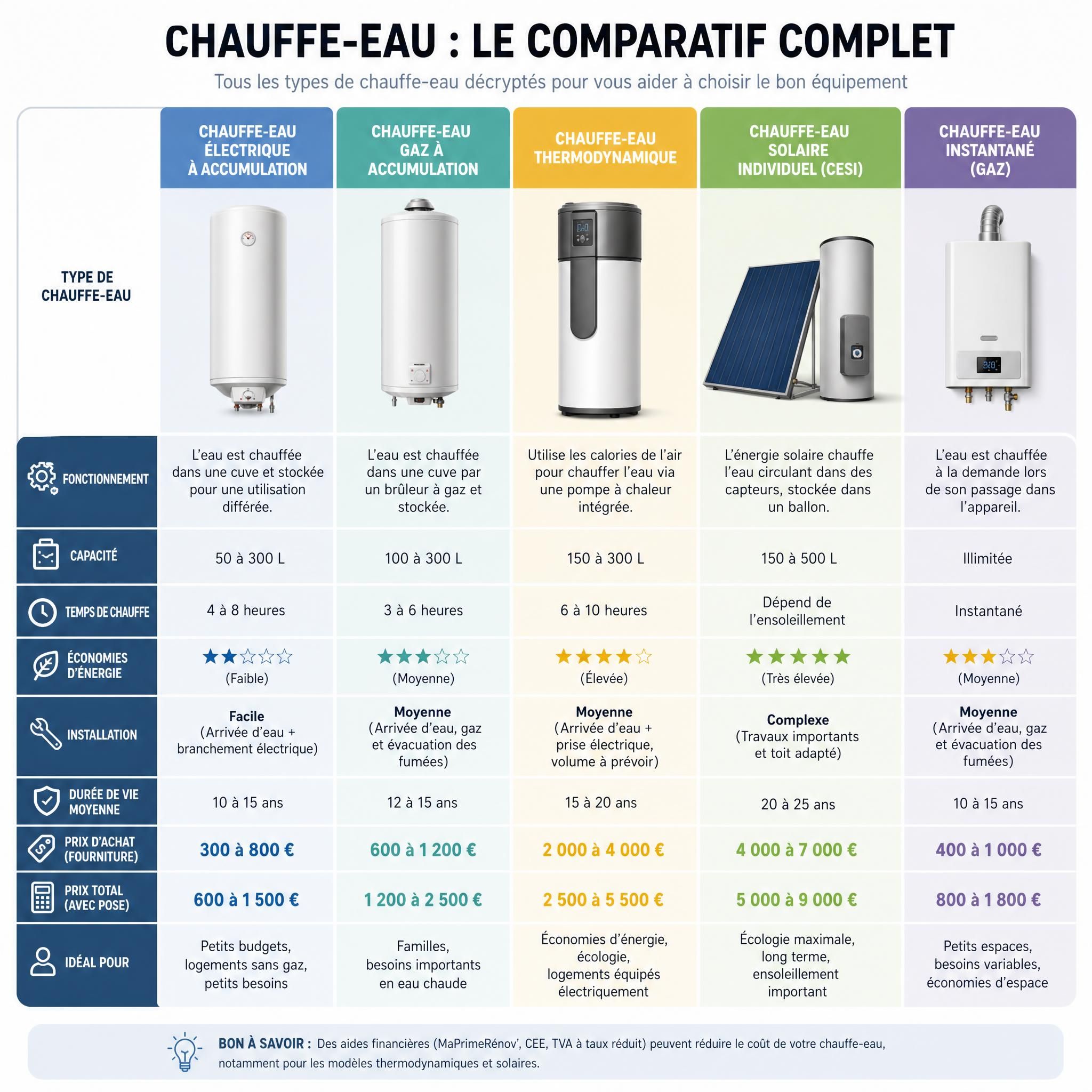 Tableau comparatif illustré des différents types de chauffe-eau avec leurs caractéristiques techniques et prix
