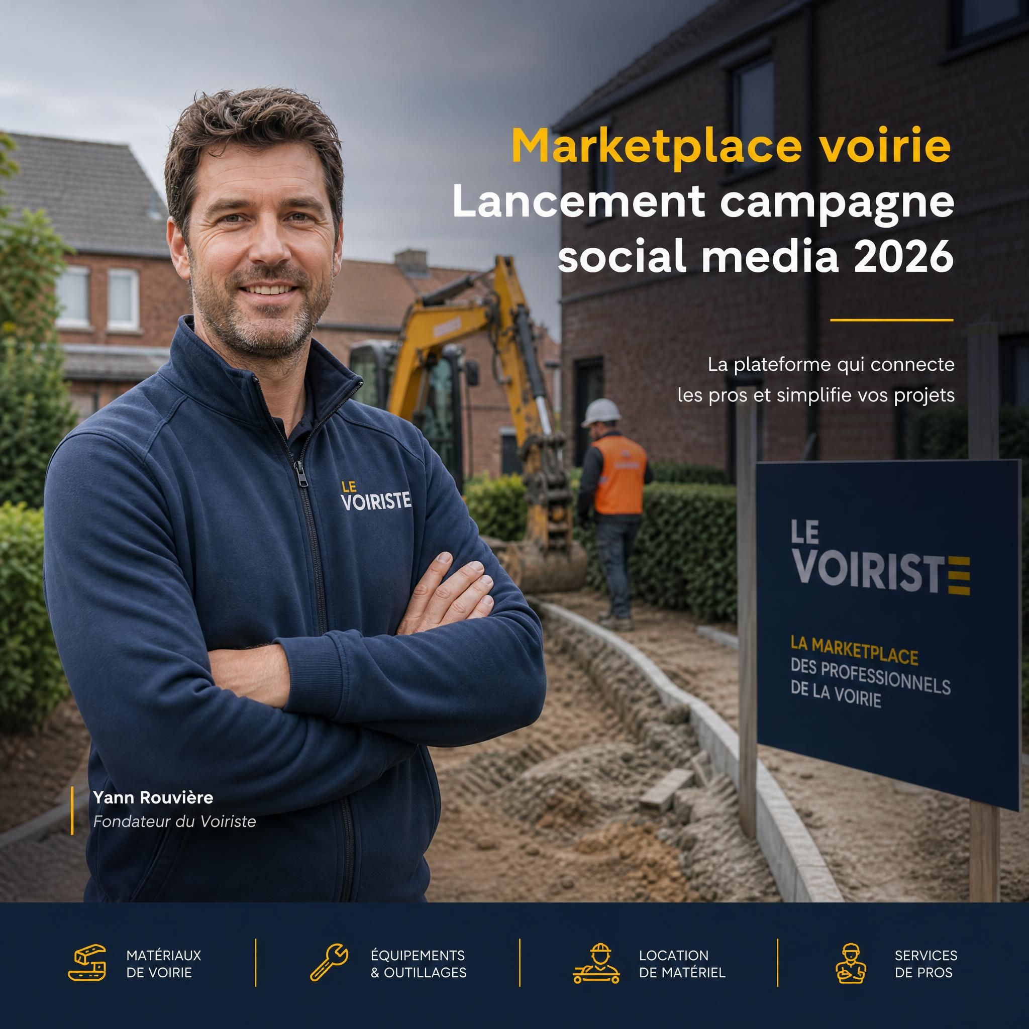 Yann Rouvière fondateur du Voiriste devant un chantier de terrassement et d'aménagement d'allée en Belgique — marketplace voirie lancement campagne social media 2026