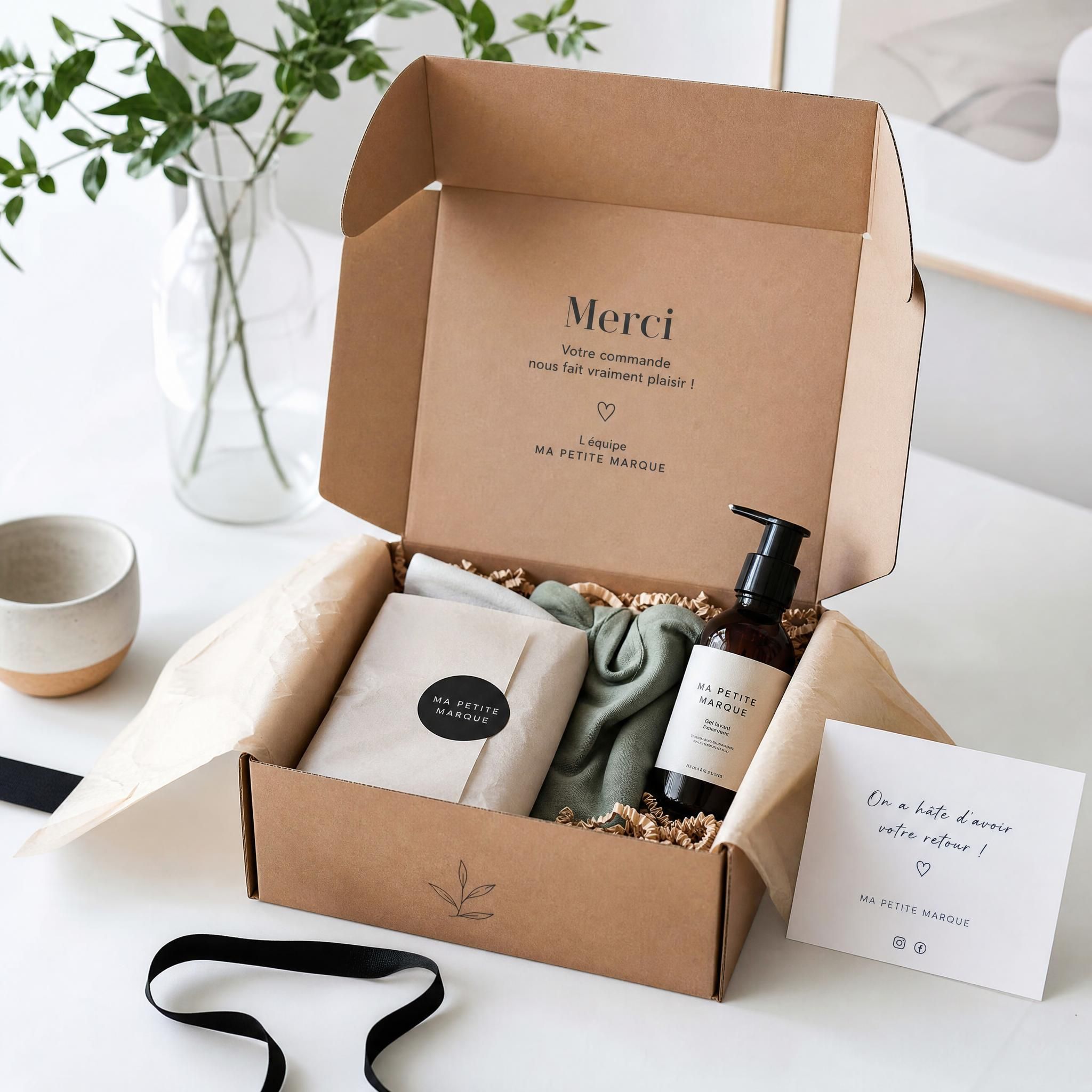 Expérience unboxing packaging personnalisé startup e-commerce - boîte ouverte avec produits soigneusement présentés, lumière naturelle