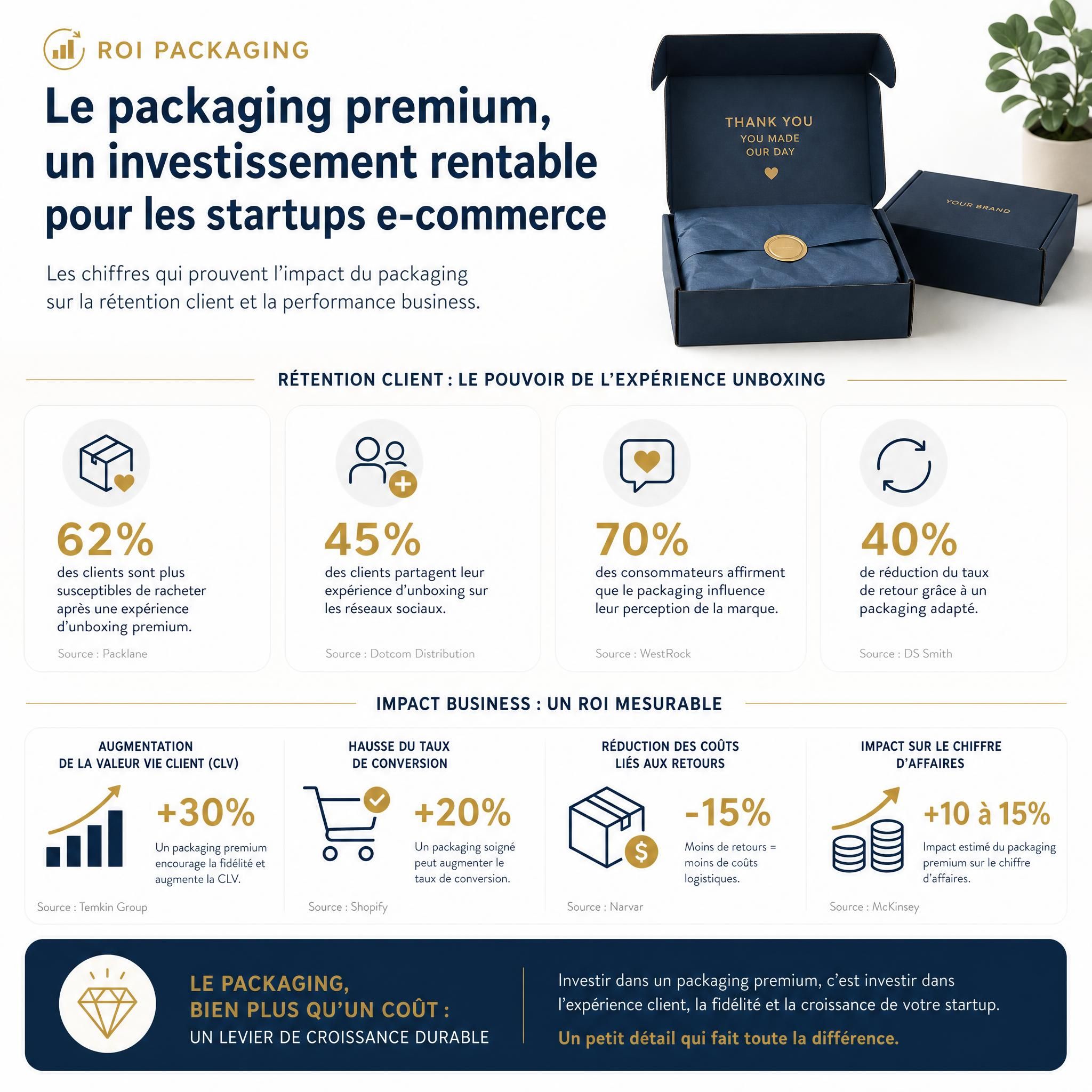 ROI packaging premium startups - infographie statistiques rétention client et impact business e-commerce