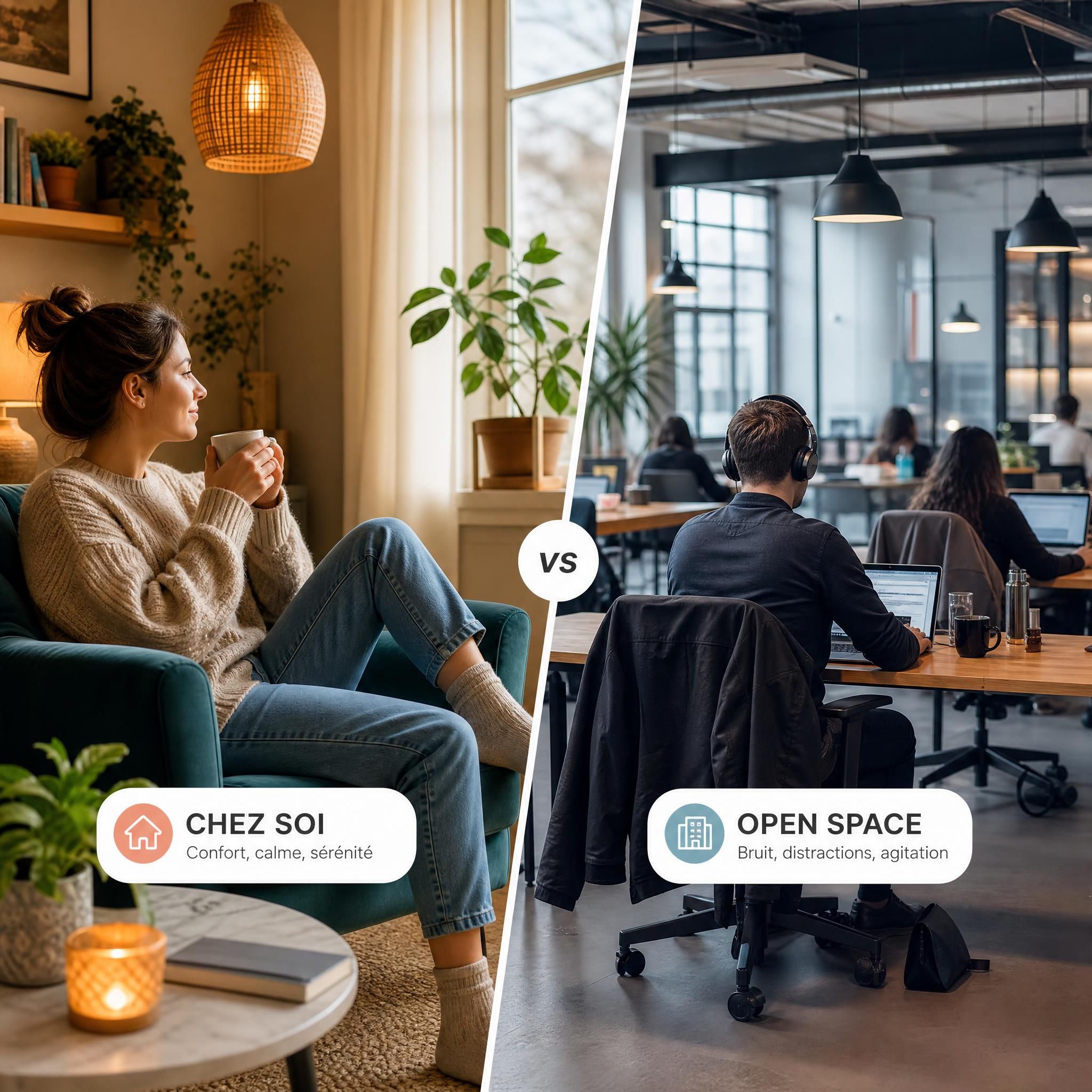 Personne en pause dans un salon chaleureux chez un particulier, contraste avec un open space de coworking