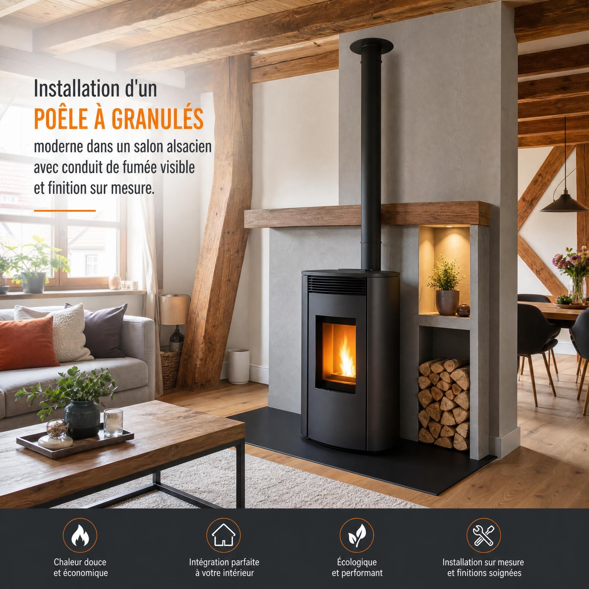 Installation d'un poêle à granulés moderne dans un salon alsacien avec conduit de fumée visible et finition sur mesure