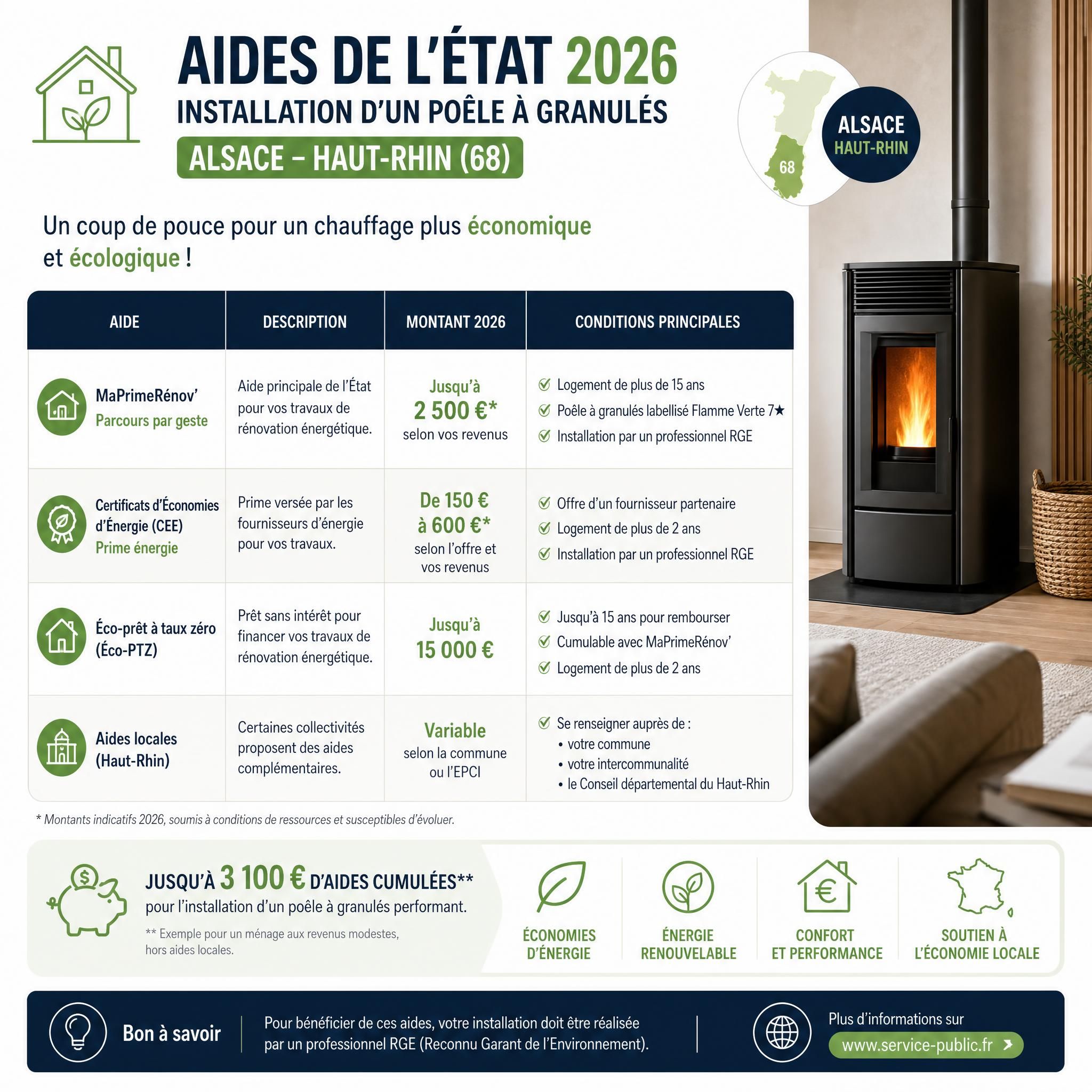 Tableau récapitulatif des aides de l'État pour l'installation d'un poêle à granulés en Alsace Haut-Rhin 2026