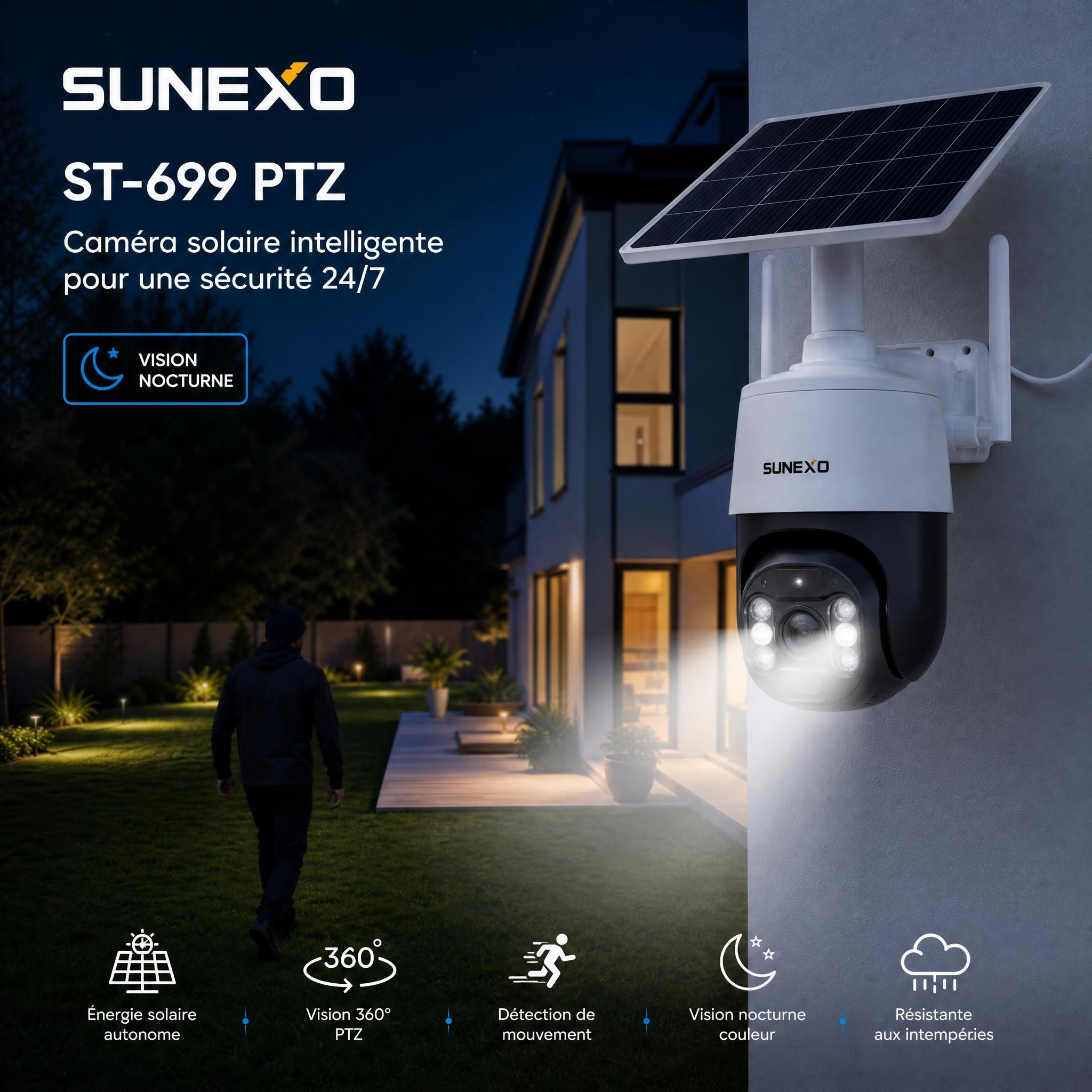 Caméra solaire Sunexo ST-699 PTZ installée sur façade de maison individuelle, vision nocturne activée, jardin sécurisé