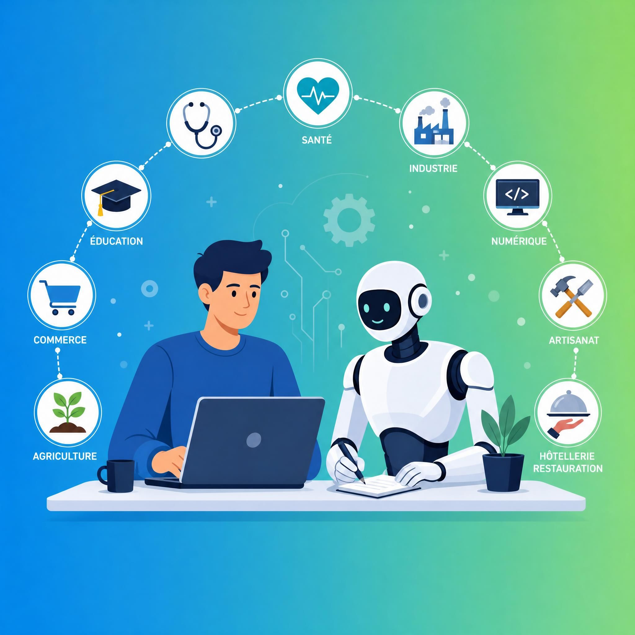 Illustration flat design vectorielle représentant un humain et un robot travaillant côte à côte, entourés d'icônes de métiers divers — santé, industrie, numérique, artisanat — sur fond coloré dégradé bleu et vert
