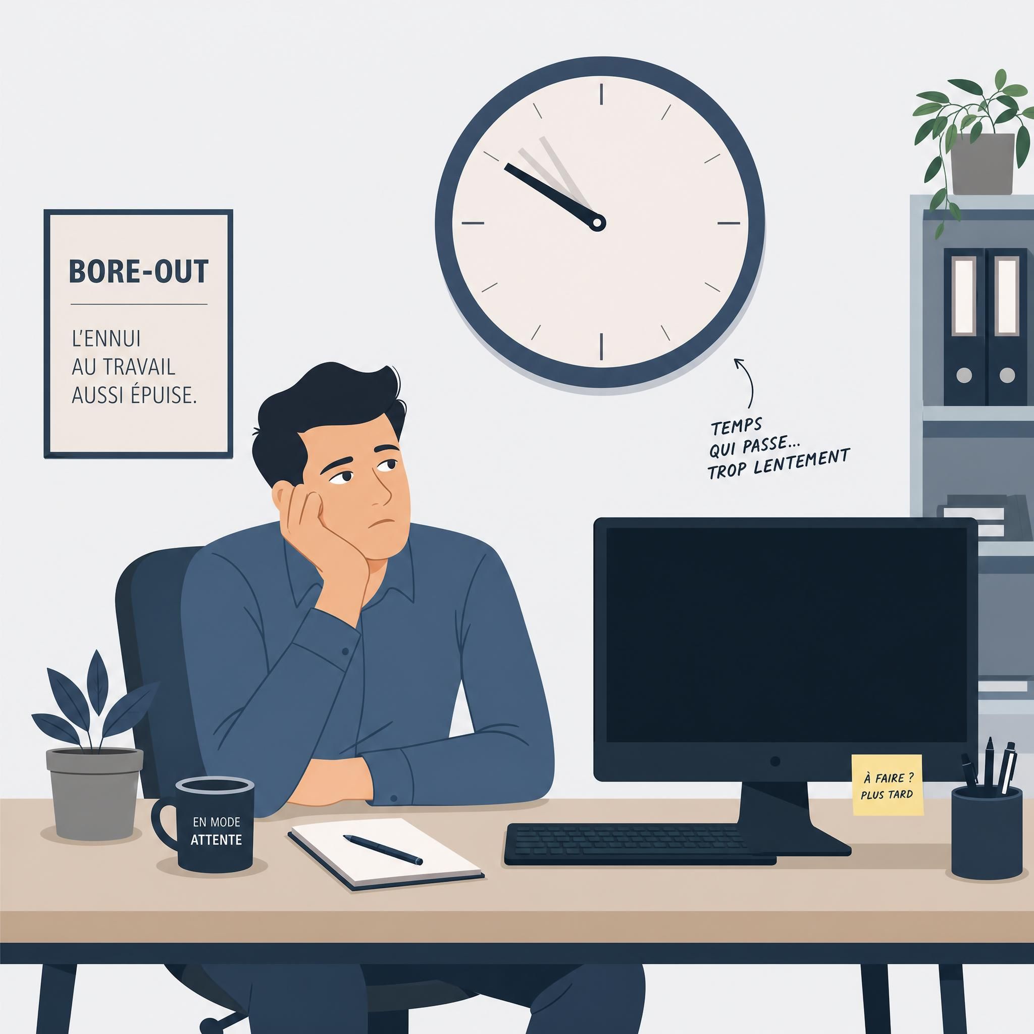 Illustration flat design vectoriel d'un salariĂ© assis Ă son bureau, regardant dans le vide, entourĂ© d'une horloge qui avance lentement et d'un Ă©cran d'ordinateur Ă©teint â reprĂ©sentation graphique du bore-out au travail