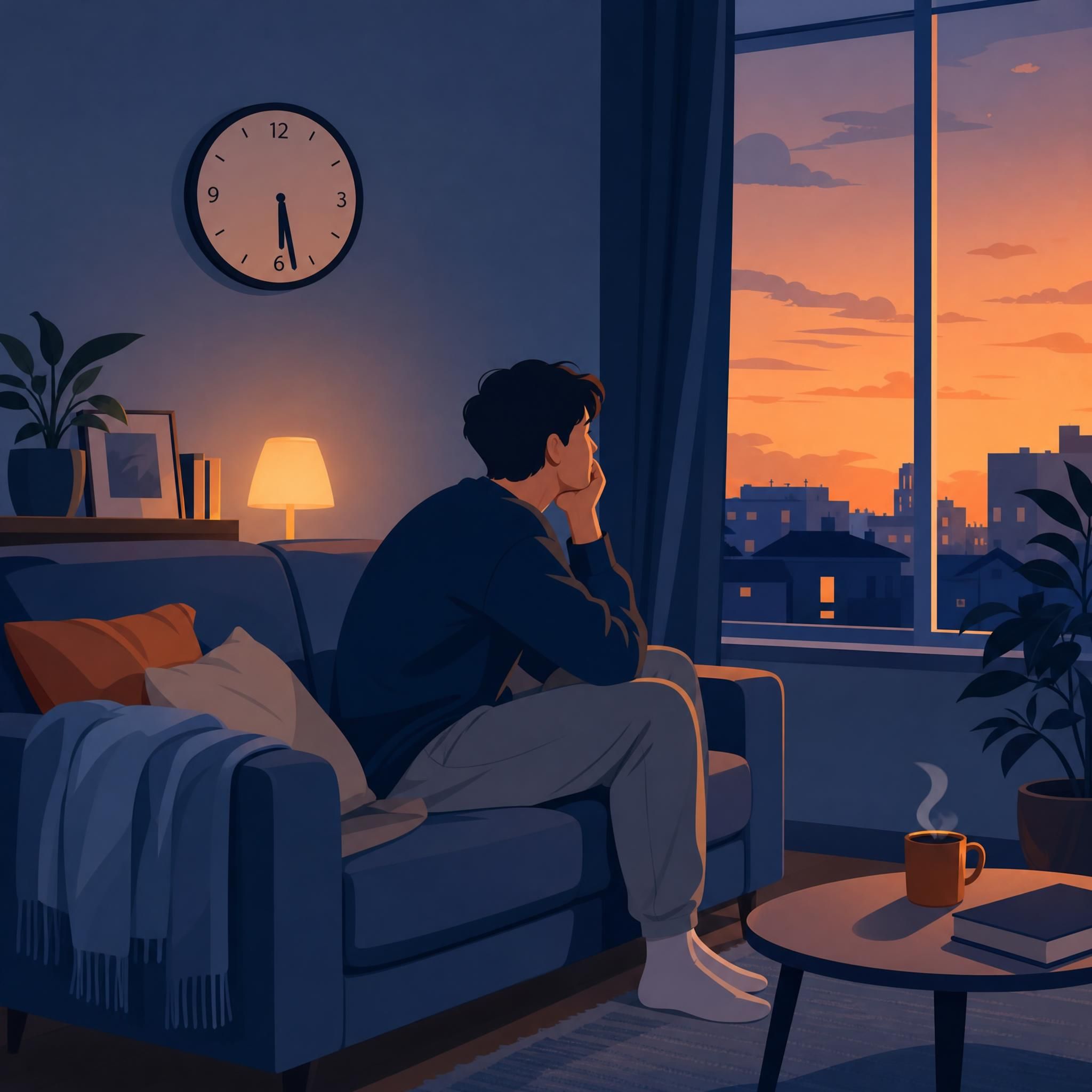 Illustration flat design vectorielle d'une personne assise sur un canapé le dimanche soir, regardant par la fenêtre avec une expression mélancolique, horloge murale affichant 18h, ambiance douce et crépusculaire, tons bleus et orangés