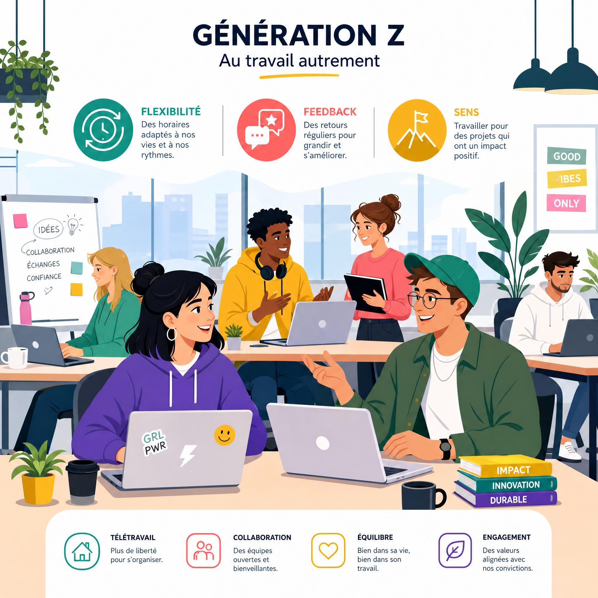 Illustration flat design vectorielle représentant des jeunes actifs de la génération Z dans un open space moderne, avec des éléments graphiques symbolisant la flexibilité, le feedback et le sens au travail — style coloré et épuré